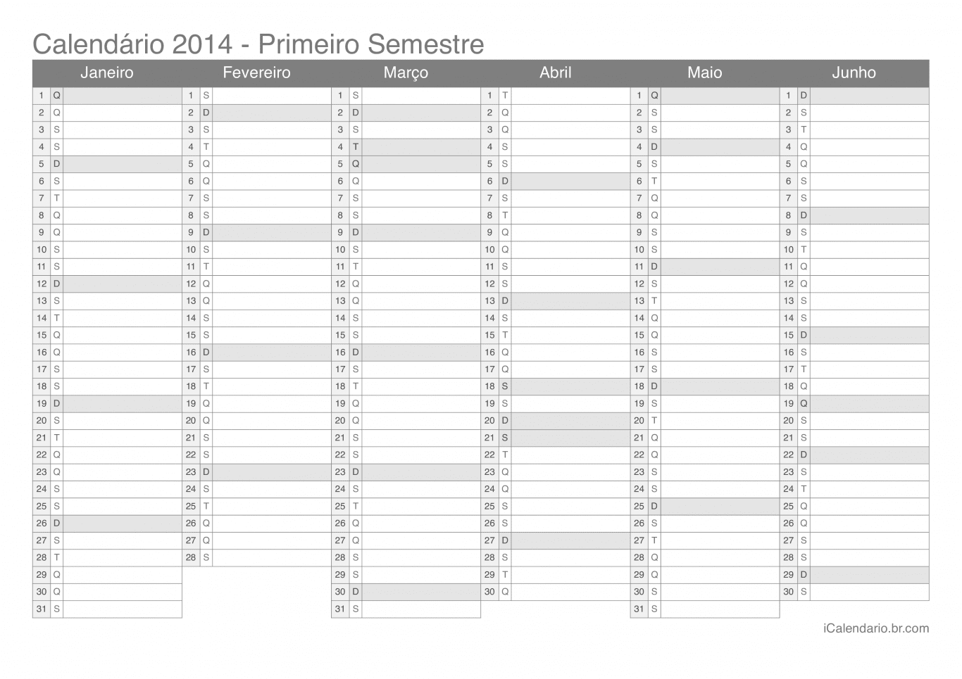Calendário por semestre 2014