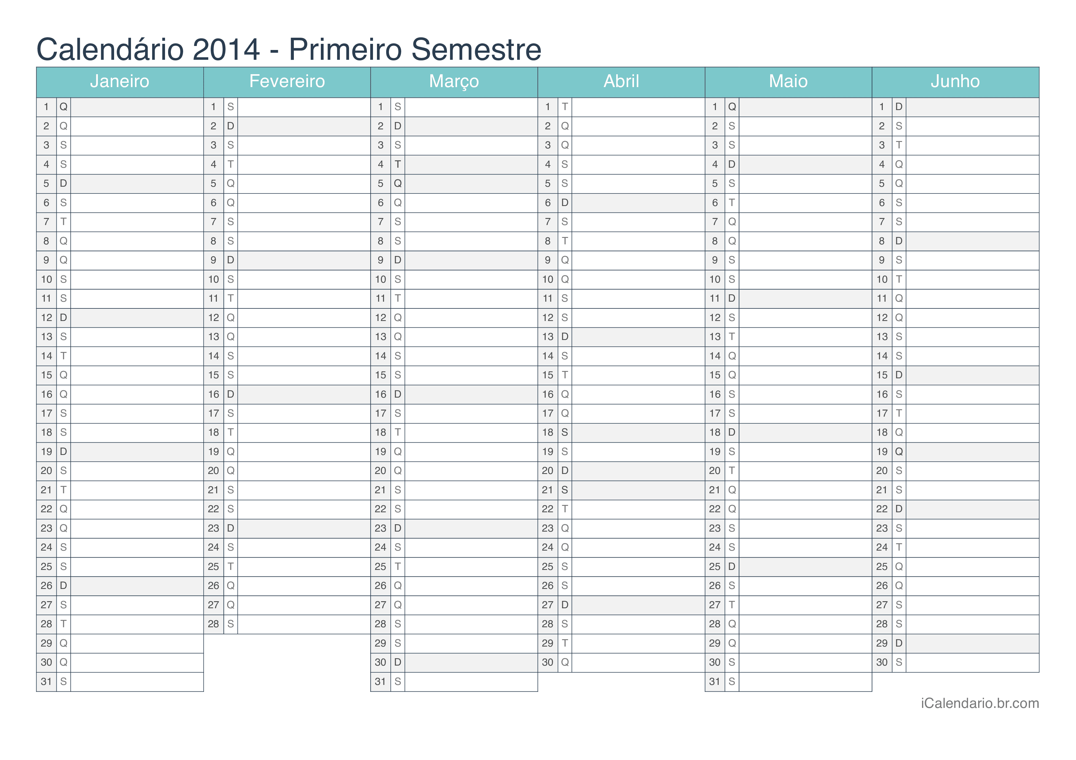 Calendário por semestre 2014 - Turquesa
