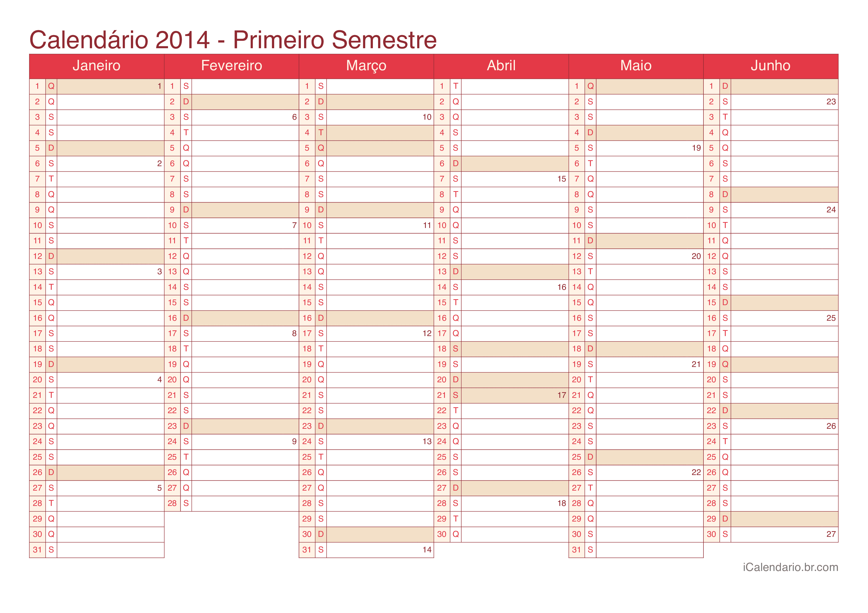 Calendário por semestre com números da semana 2014 - Cherry