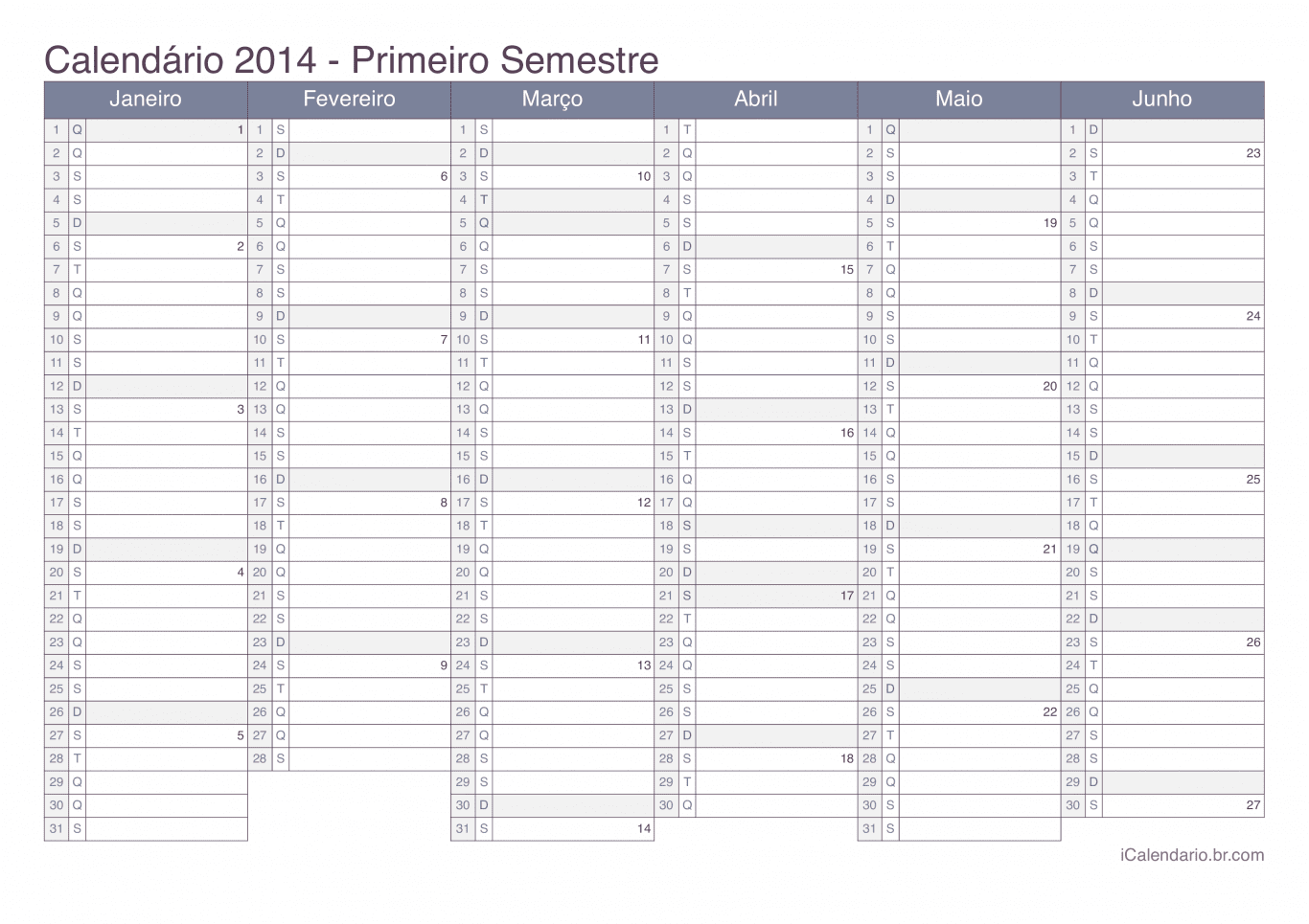 Calendário por semestre com números da semana 2014 - Office