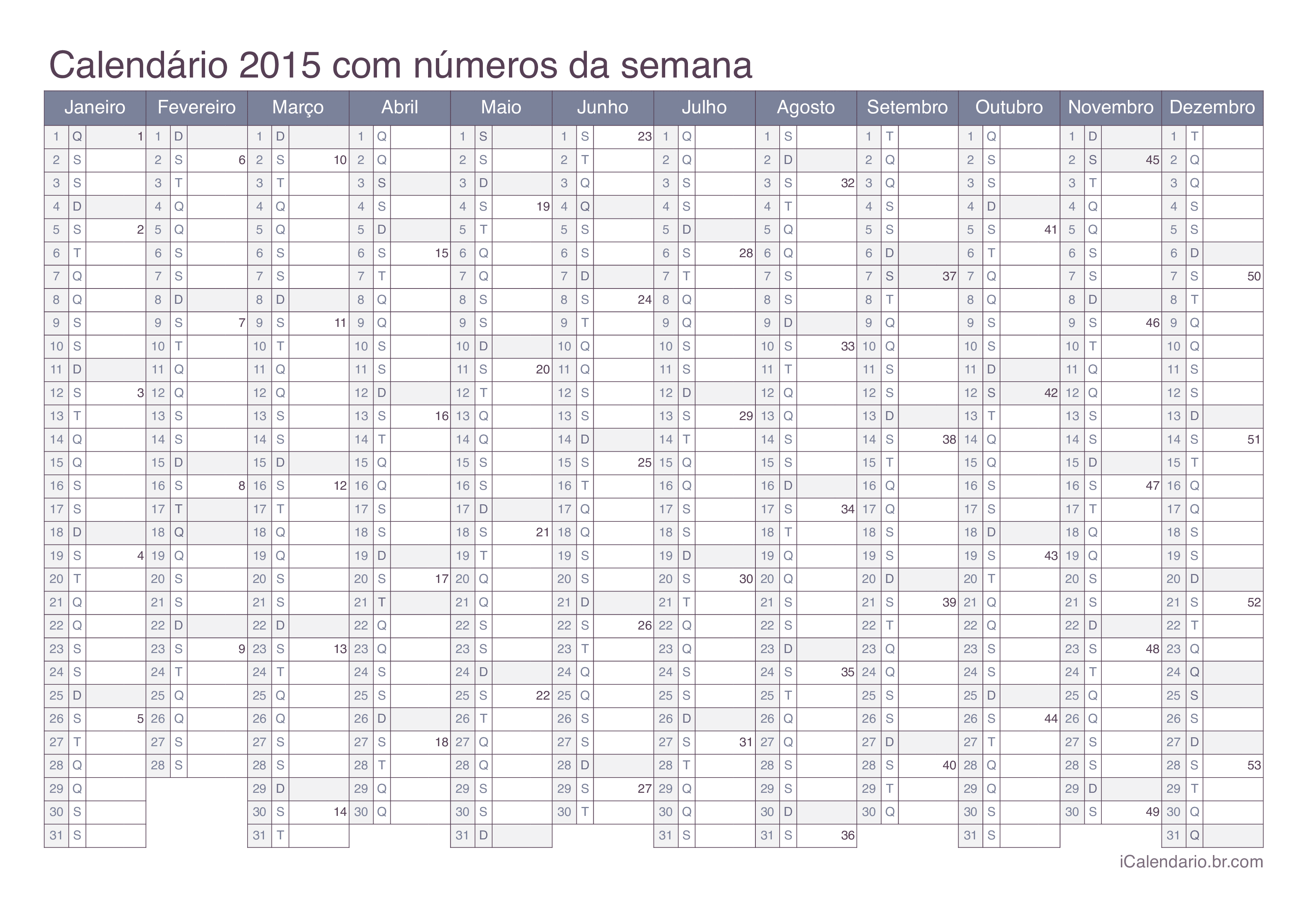 Calendário 2015 com números da semana - Office