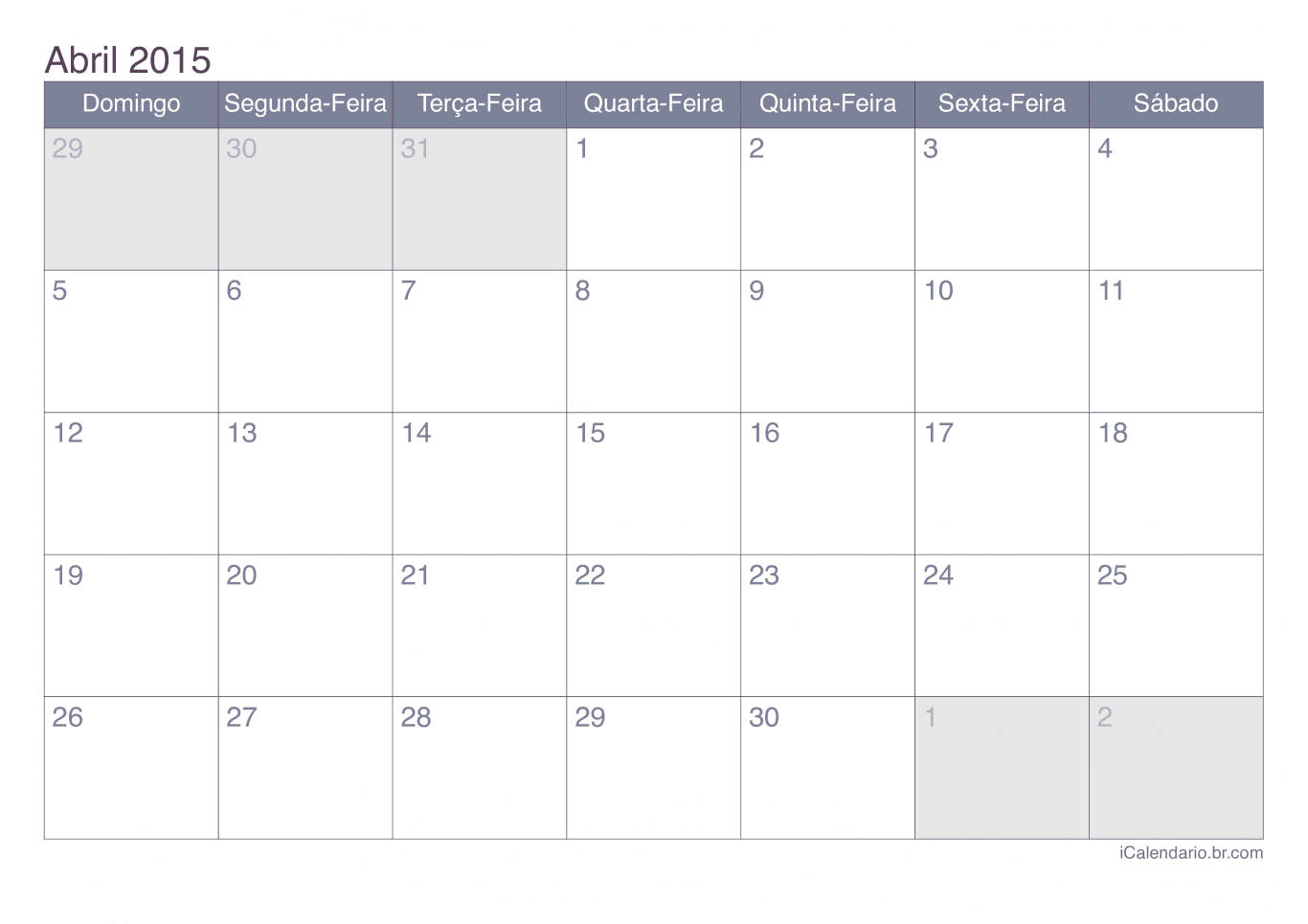 Calendário de abril 2015 - Office