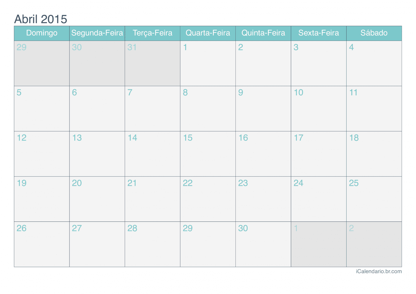 Calendário de abril 2015 - Turquesa