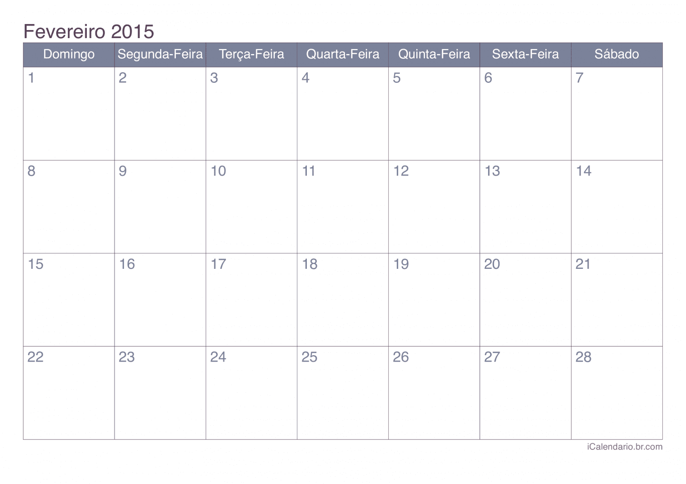 Calendário de fevereiro 2015 - Office