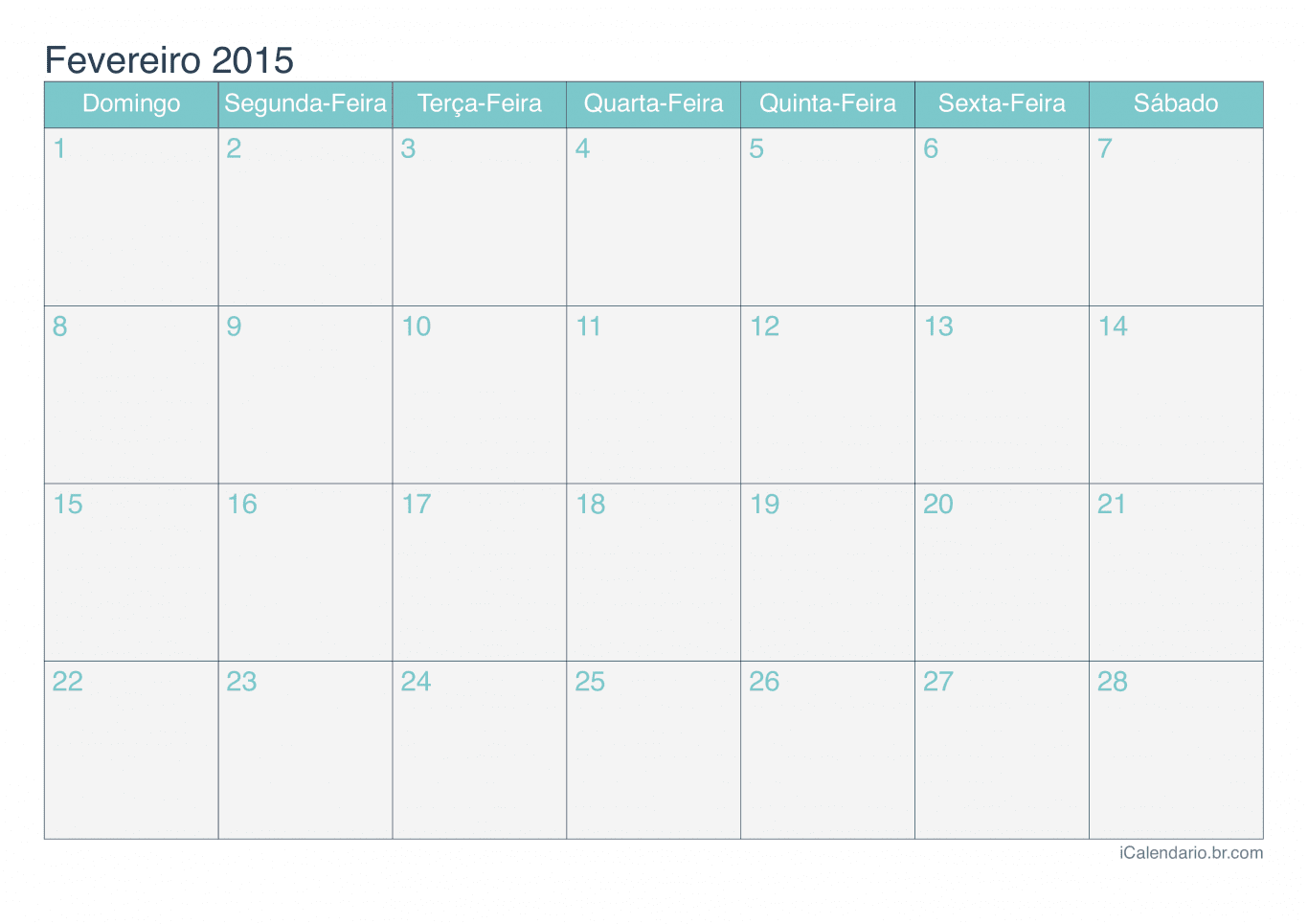 Calendário de fevereiro 2015 - Turquesa