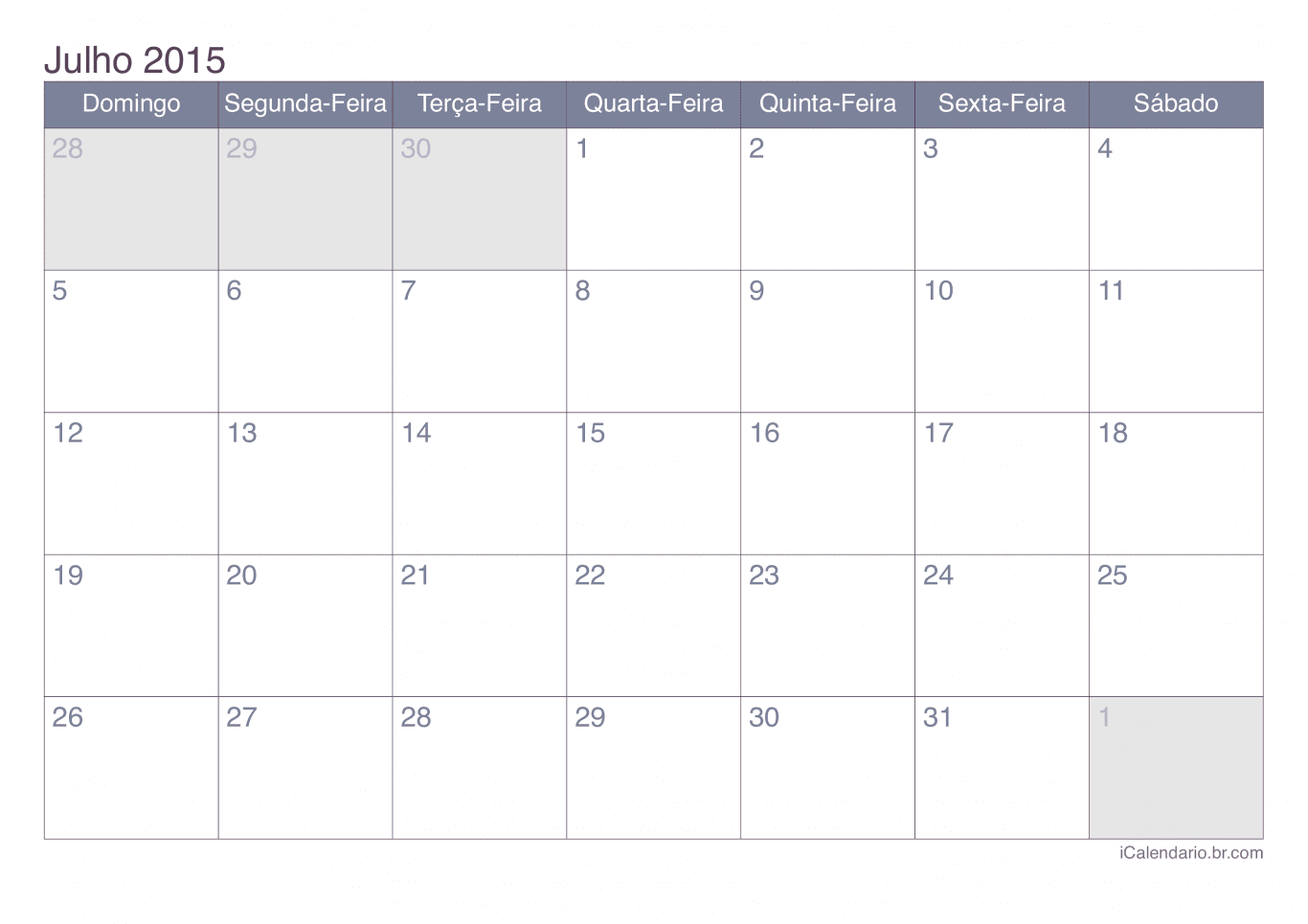 Calendário de julho 2015 - Office