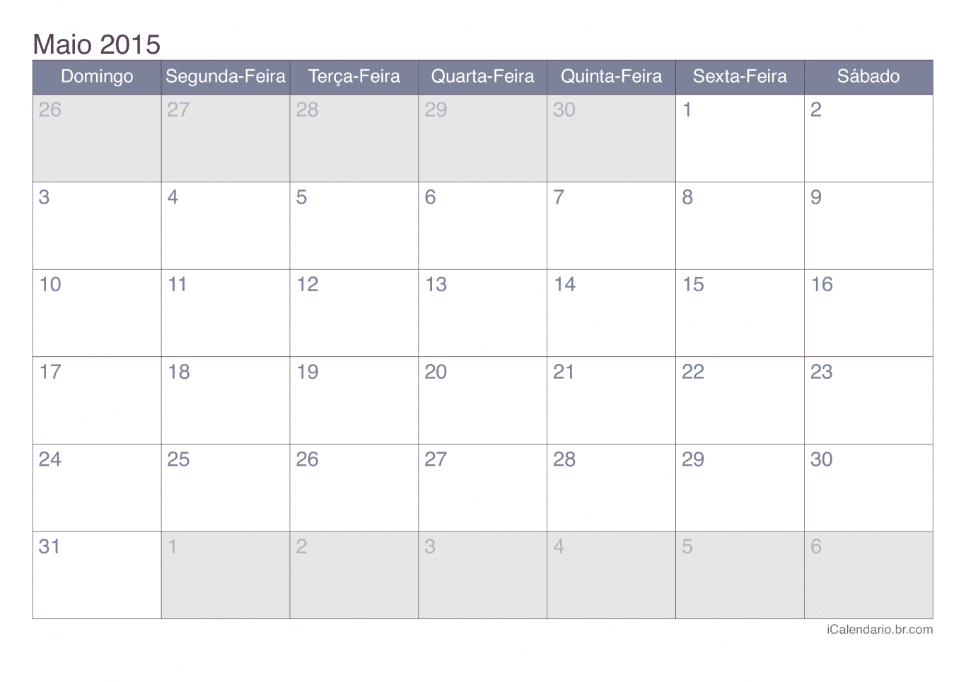 Calendário de maio 2015 - Office