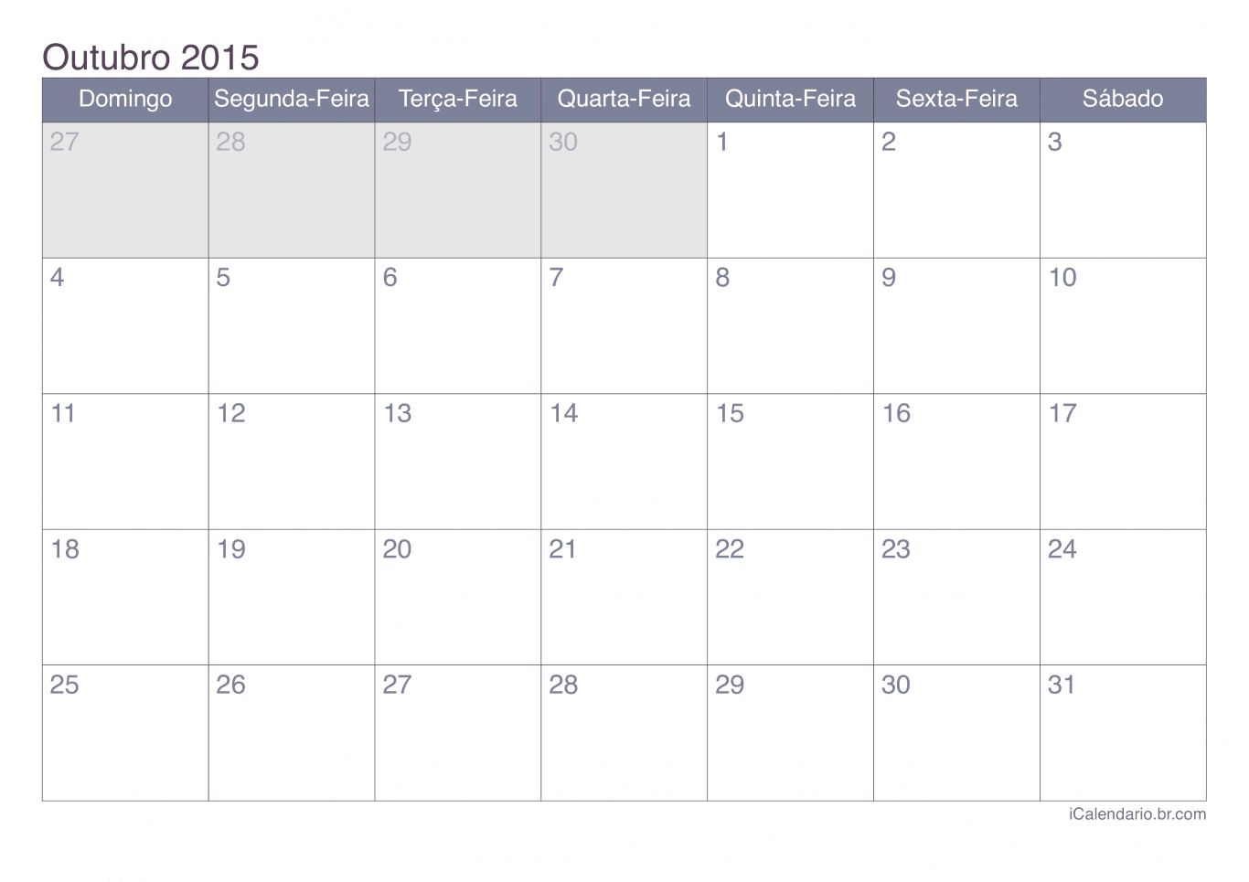 Calendário de outubro 2015 - Office