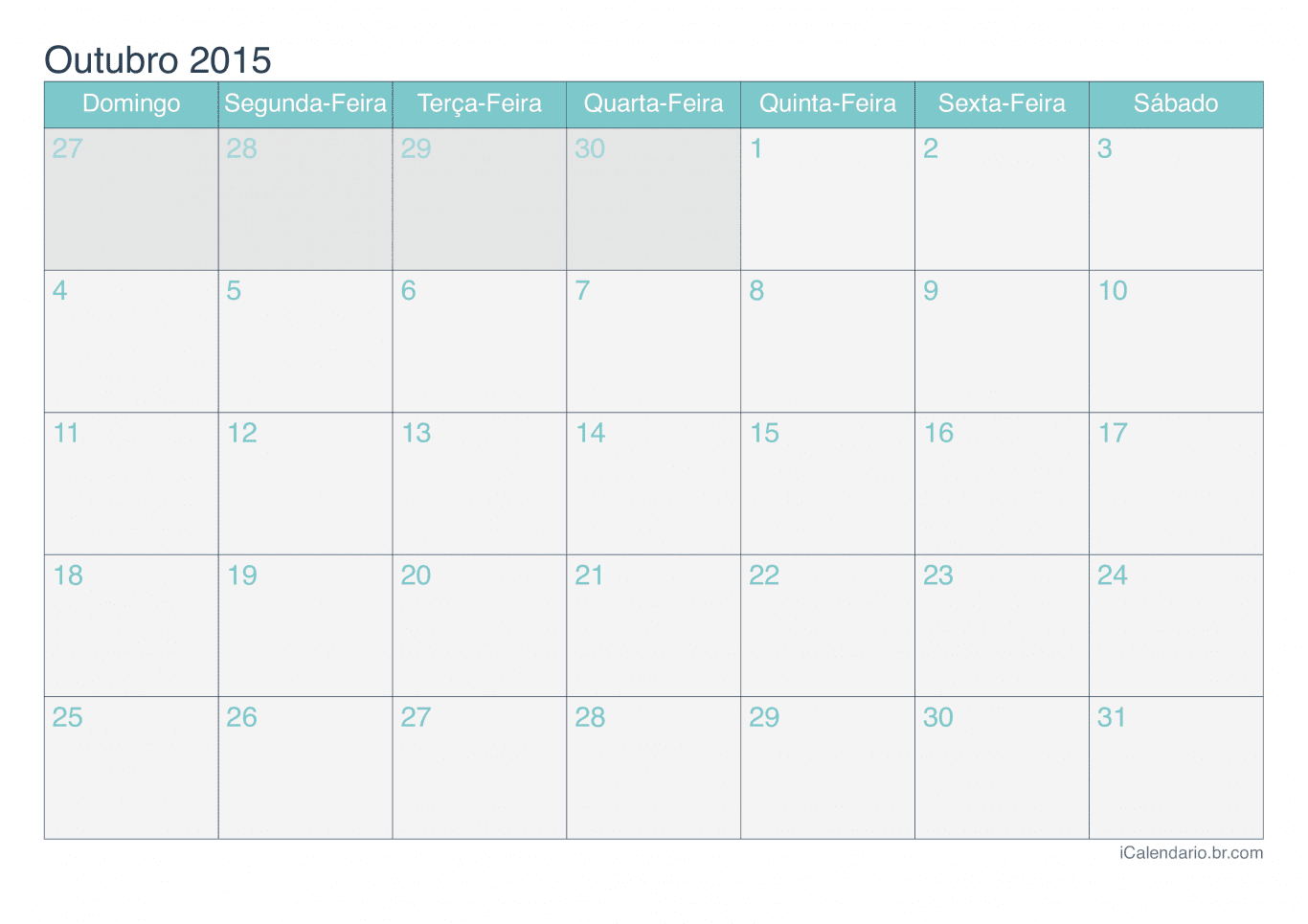 Calendário de outubro 2015 - Turquesa