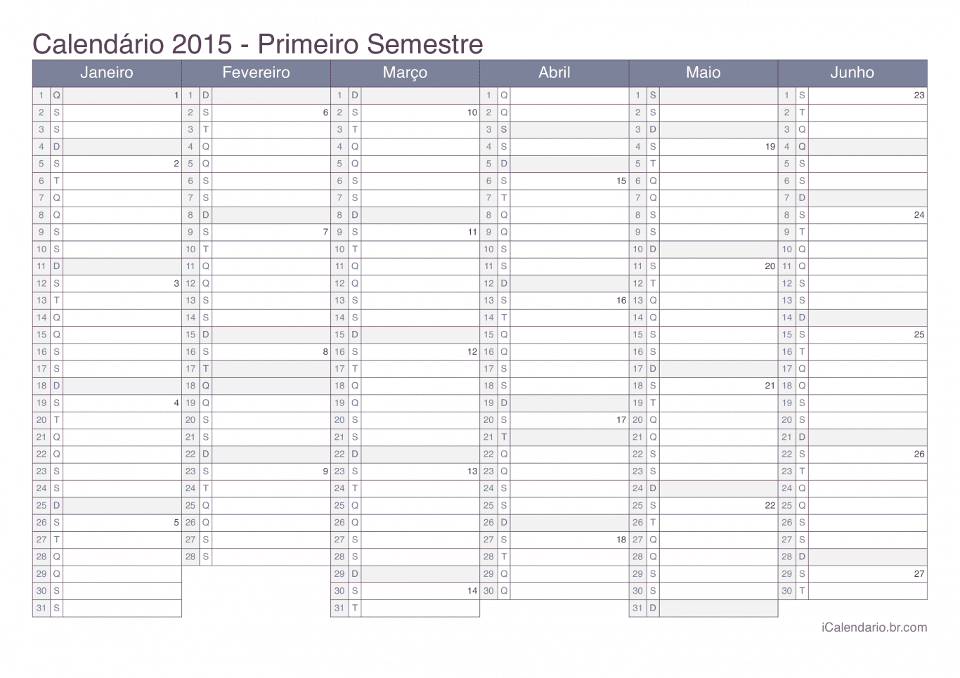Calendário por semestre com números da semana 2015 - Office