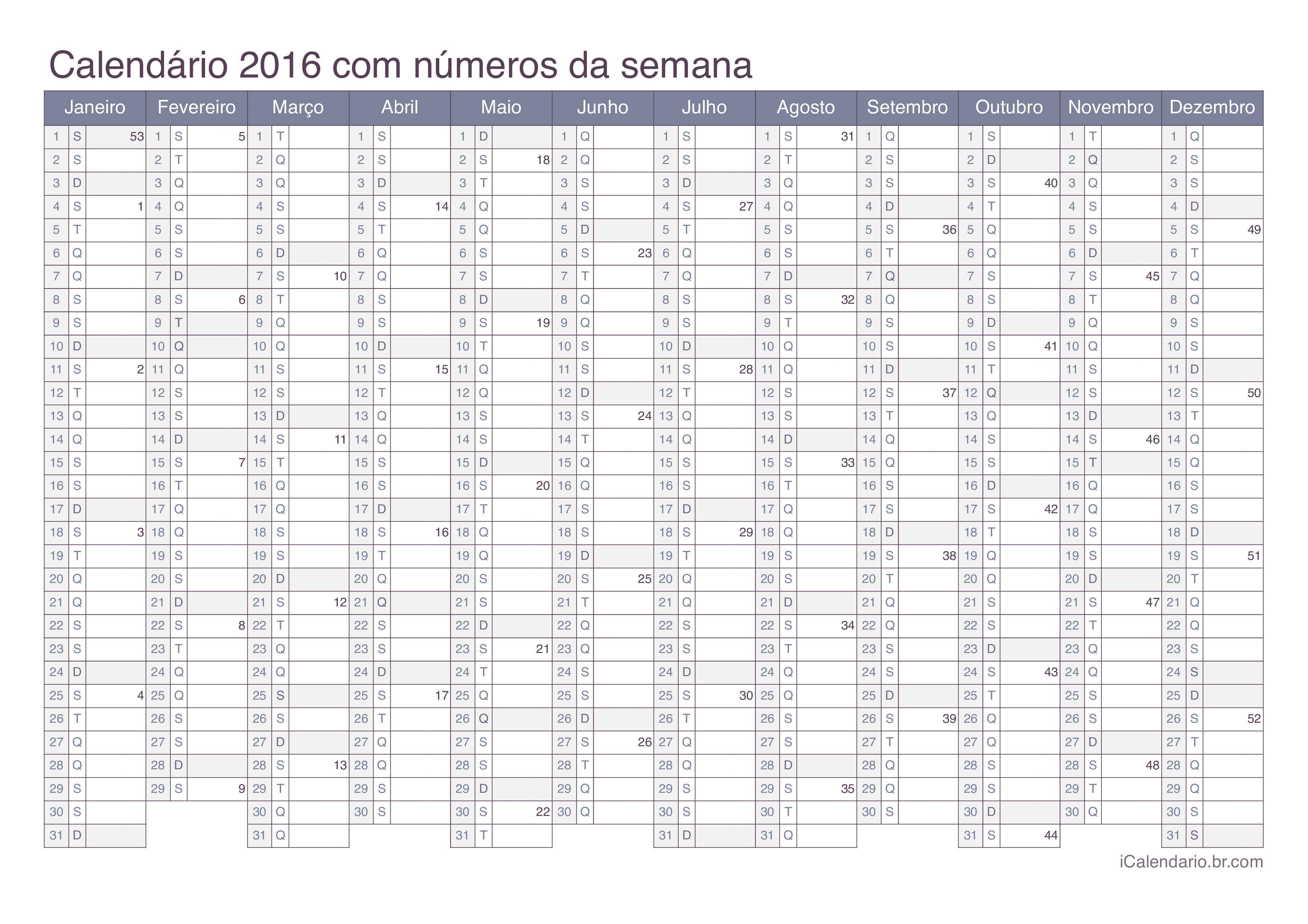 Calendário 2016 com números da semana - Office