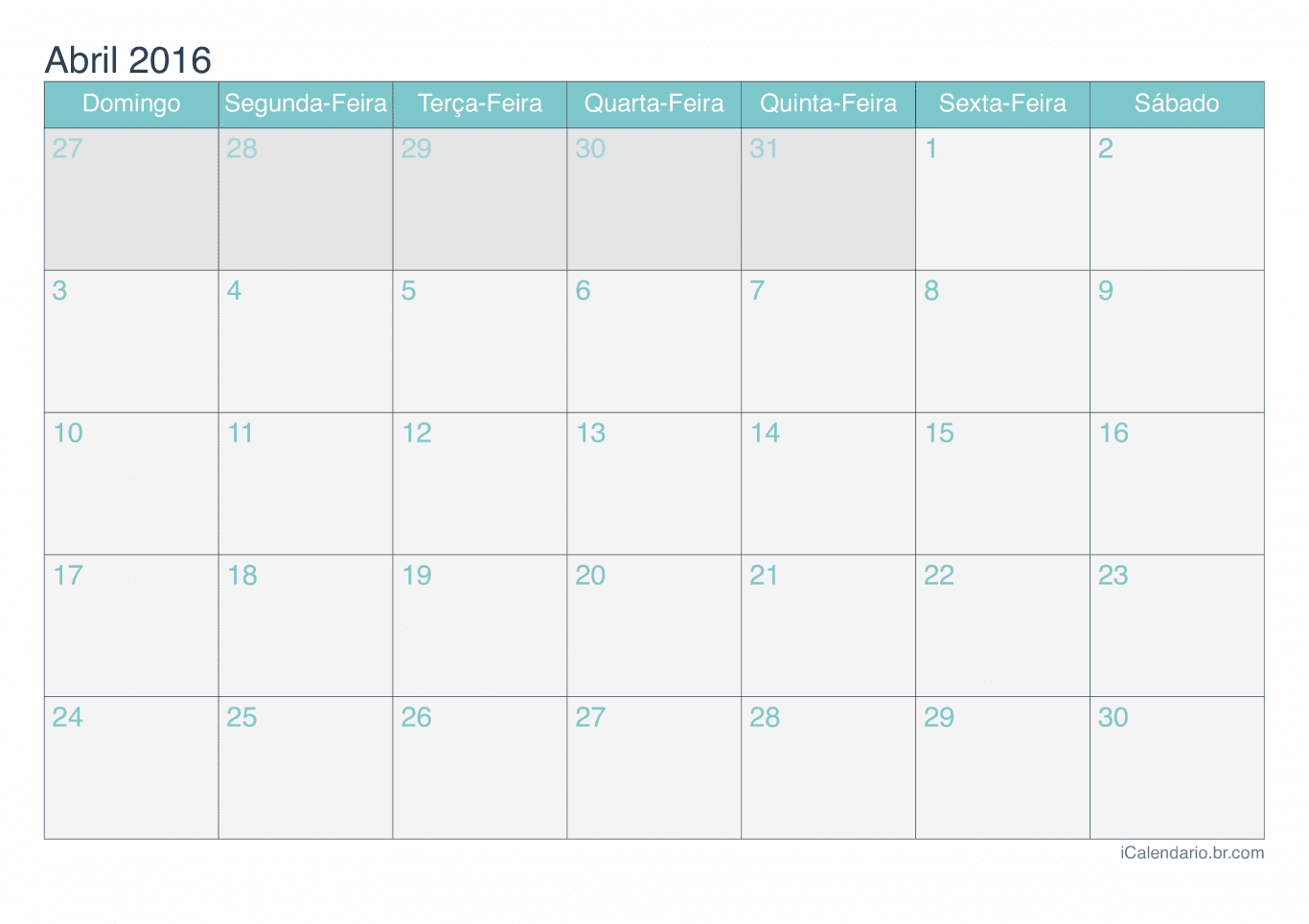 Calendário de abril 2016 - Turquesa