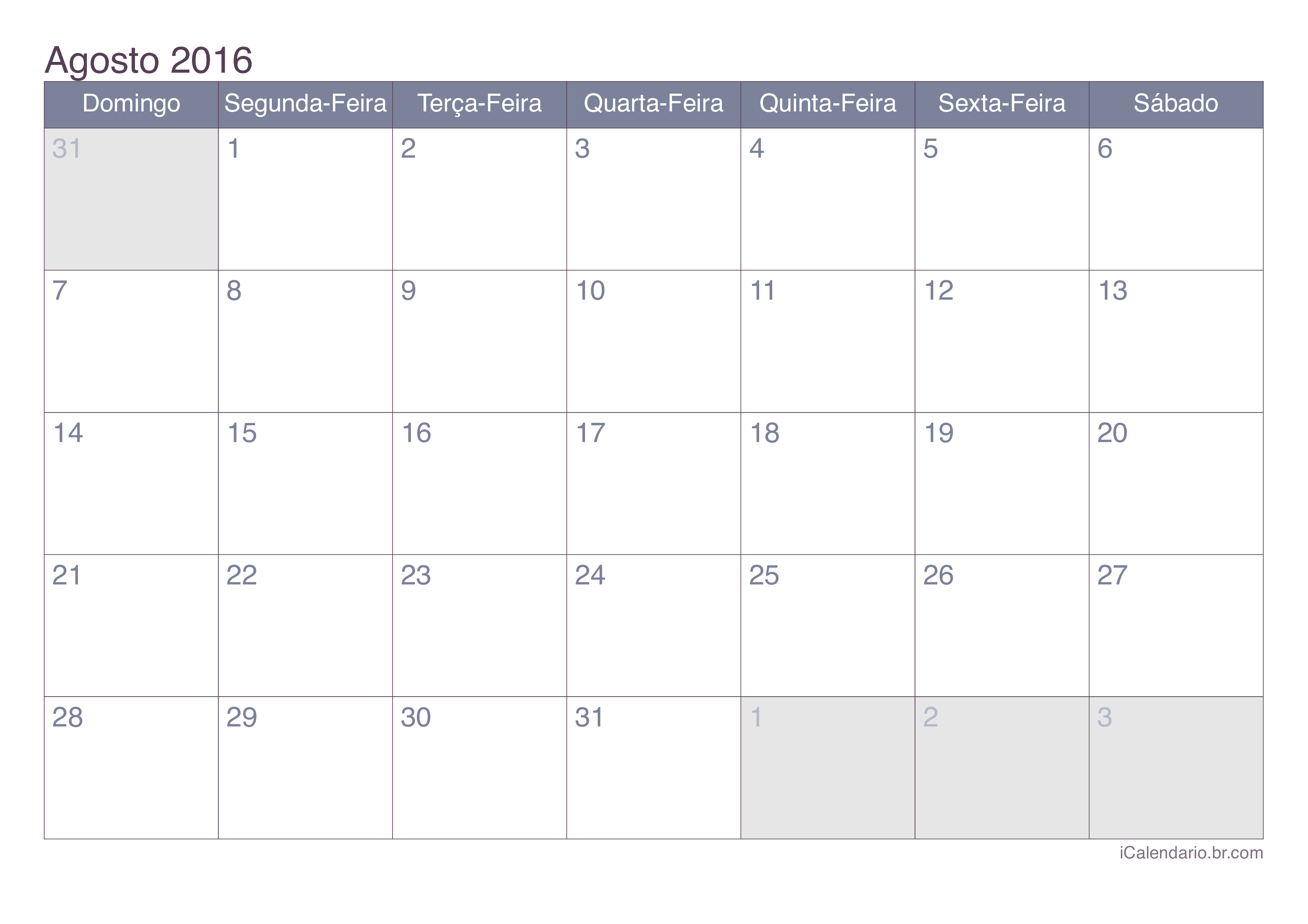 Calendário de agosto 2016 - Office