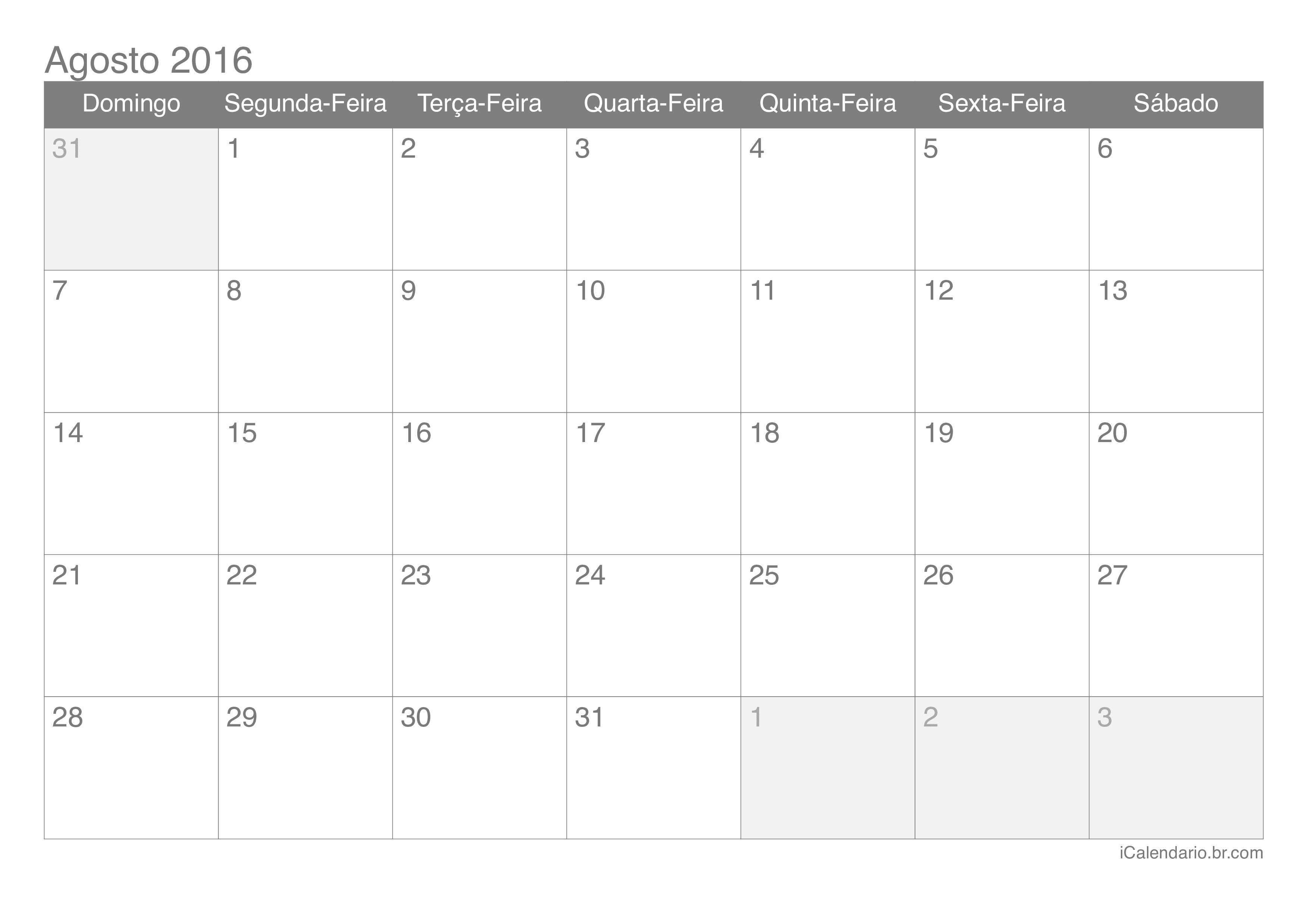 Calendário de agosto 2016