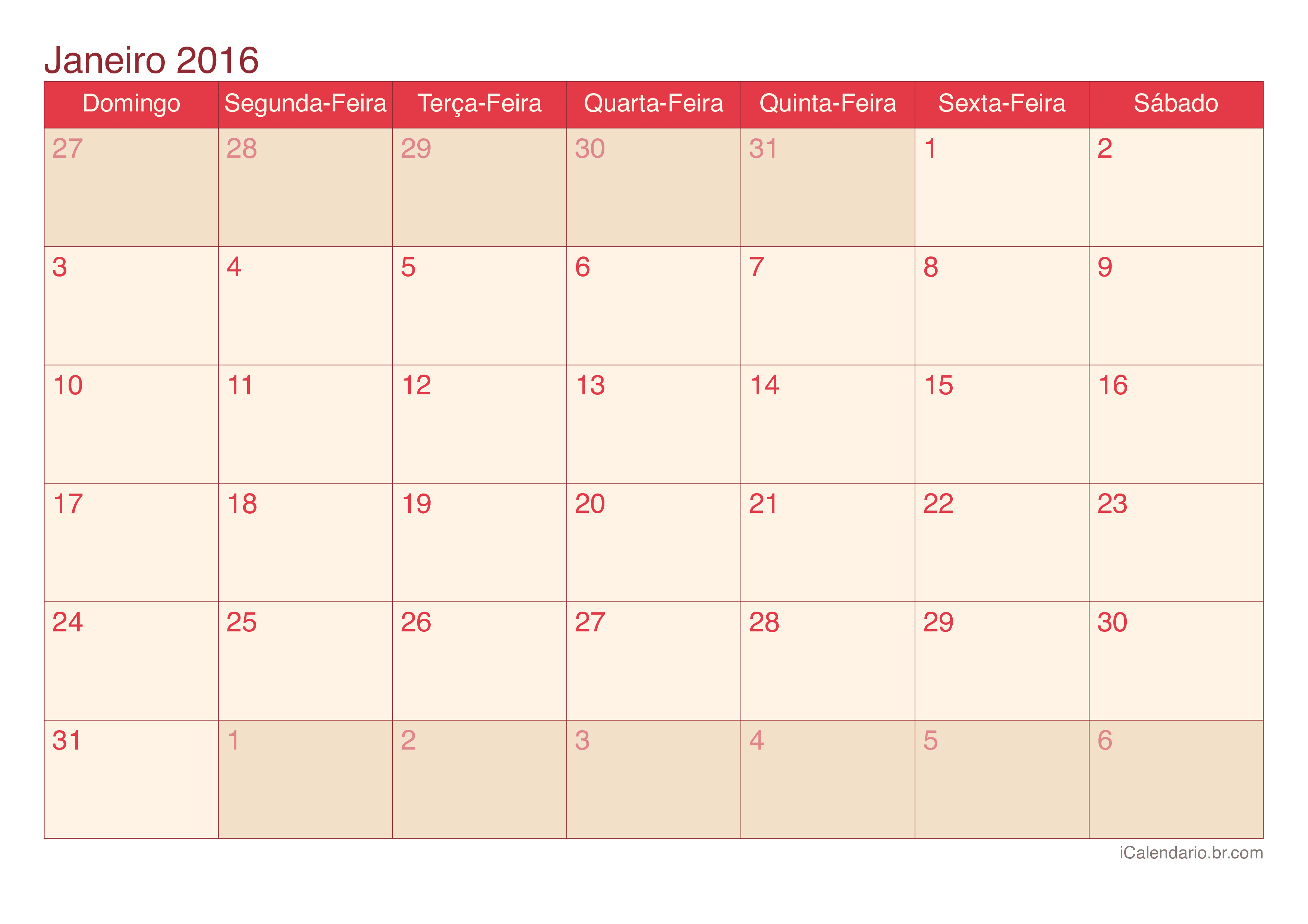 Calendário por mês 2016 - Cherry