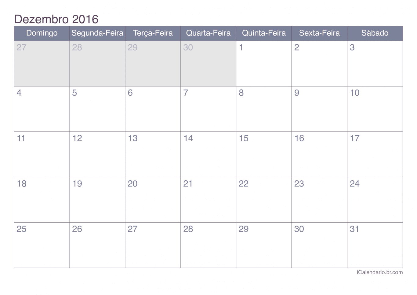 Calendário de dezembro 2016 - Office