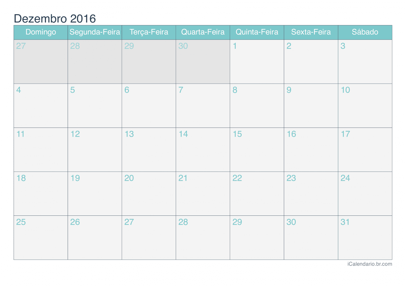 Calendário de dezembro 2016 - Turquesa