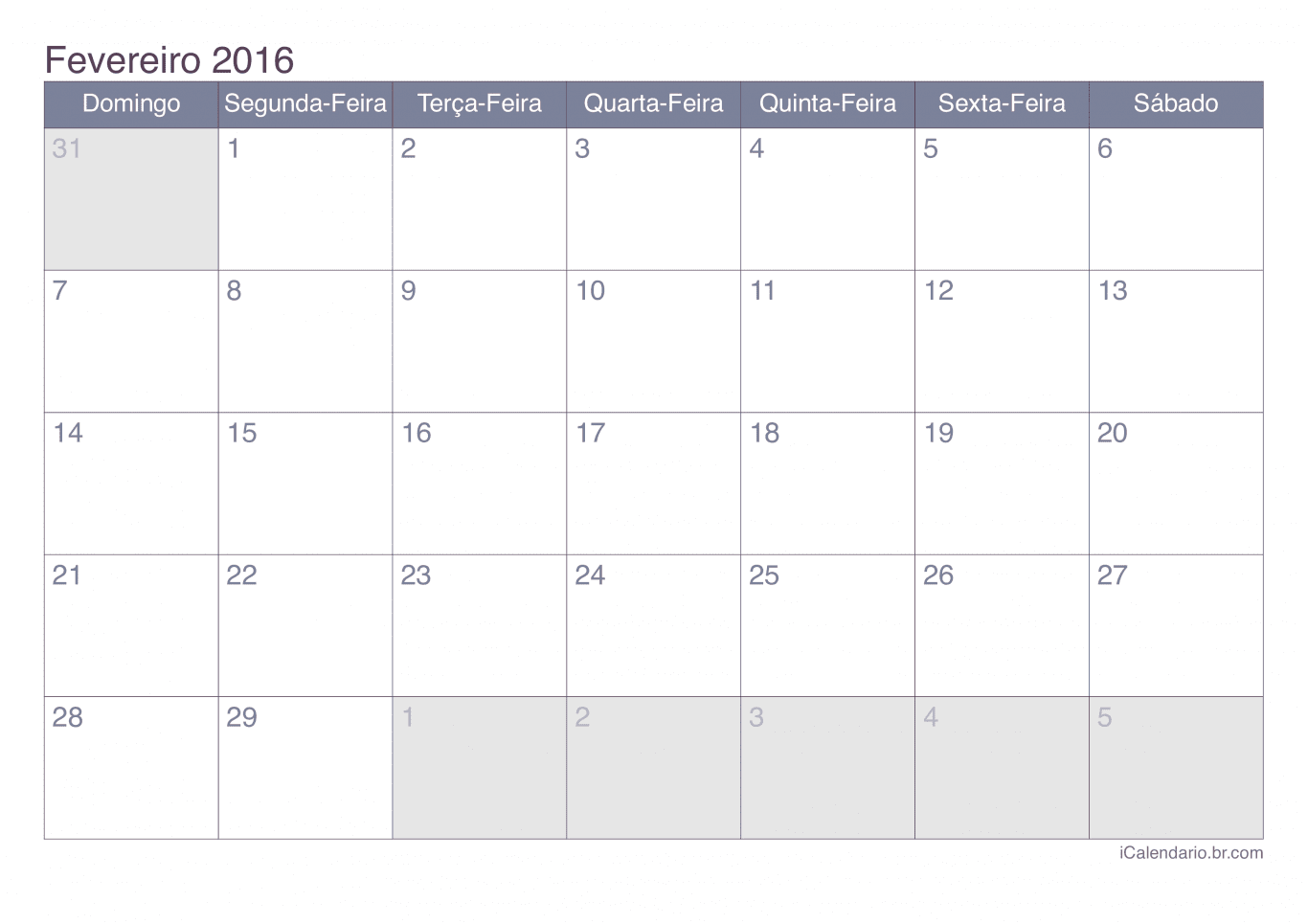 Calendário de fevereiro 2016 - Office