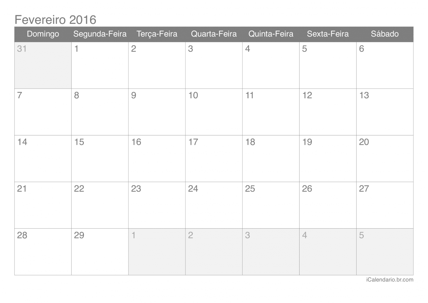 Calendário de fevereiro 2016