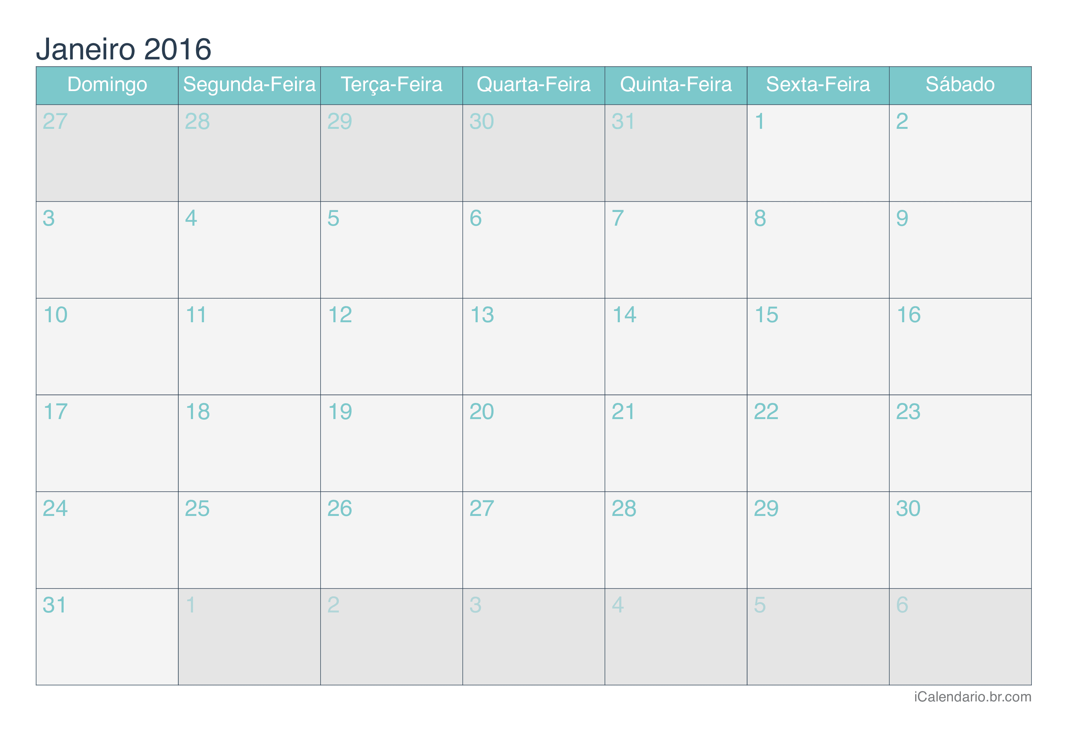 Calendário de janeiro 2016 - Turquesa