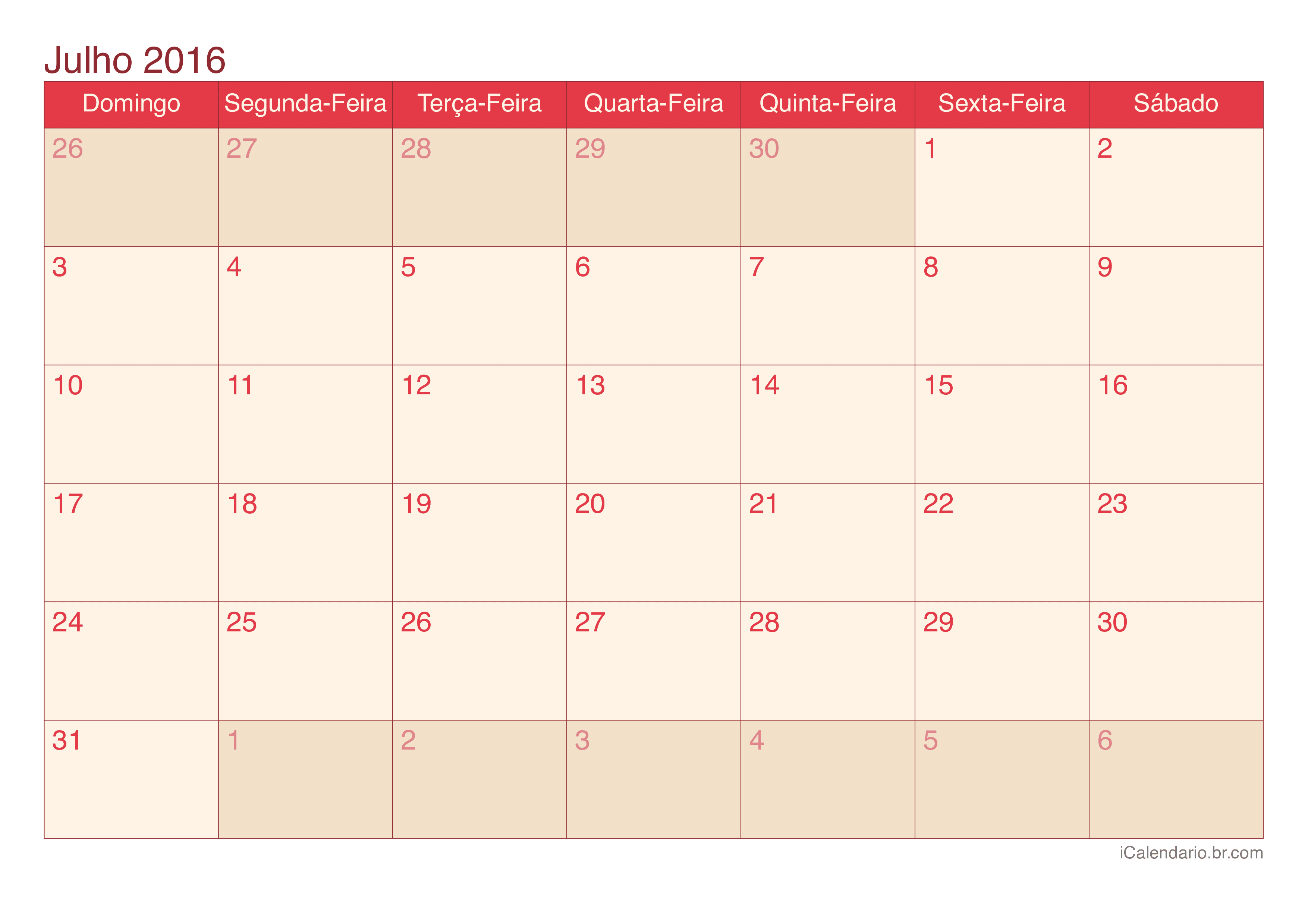 Calendário de julho 2016 - Cherry
