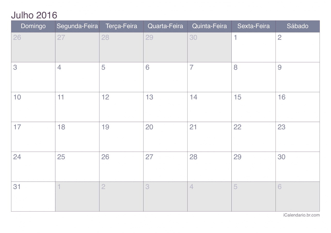 Calendário de julho 2016 - Office