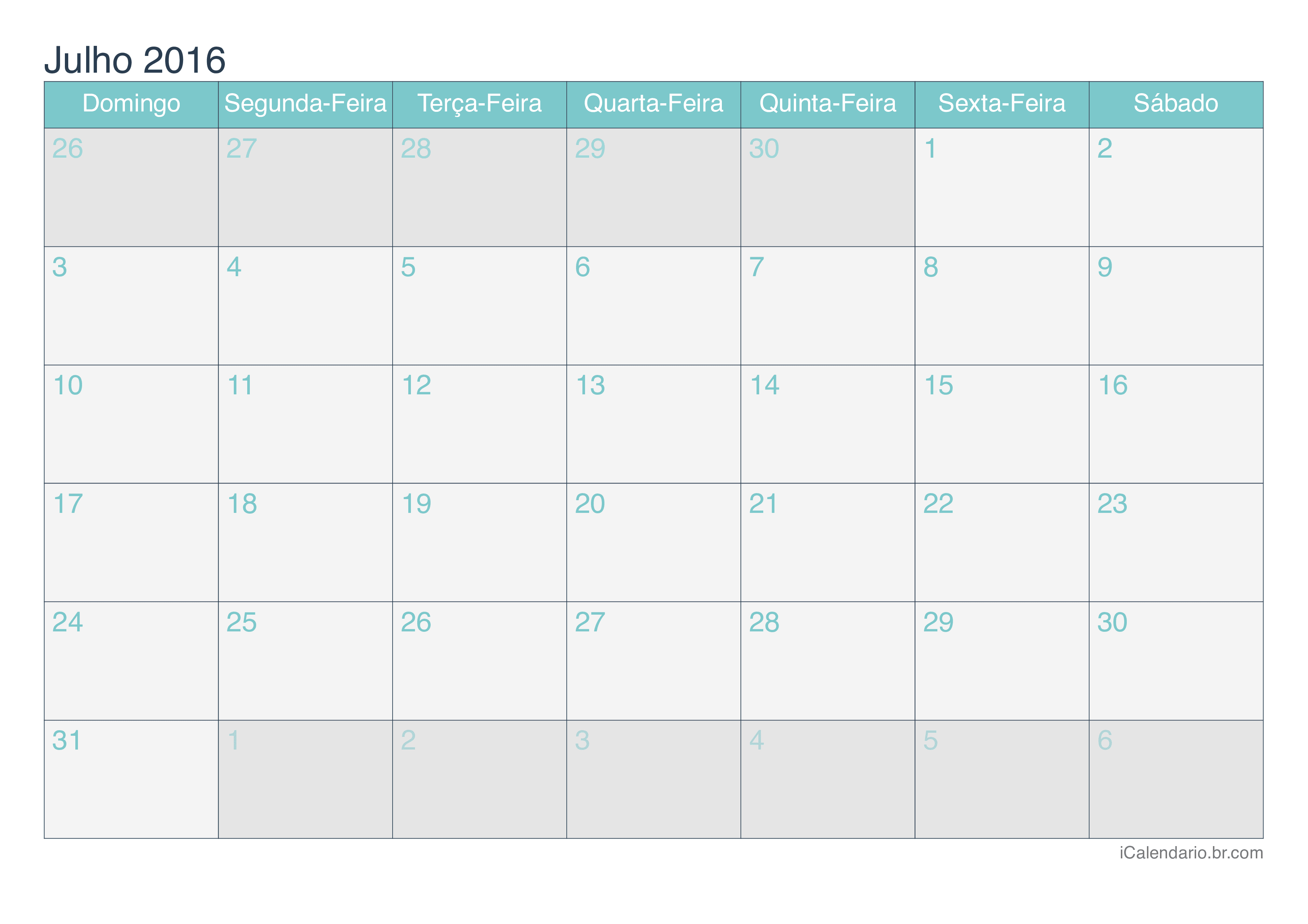 Calendário de julho 2016 - Turquesa
