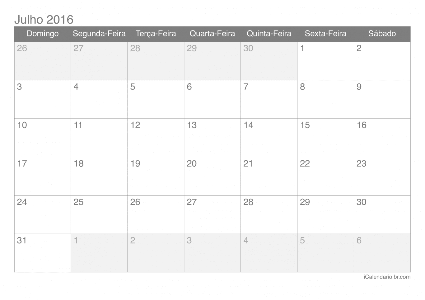 Calendário de julho 2016