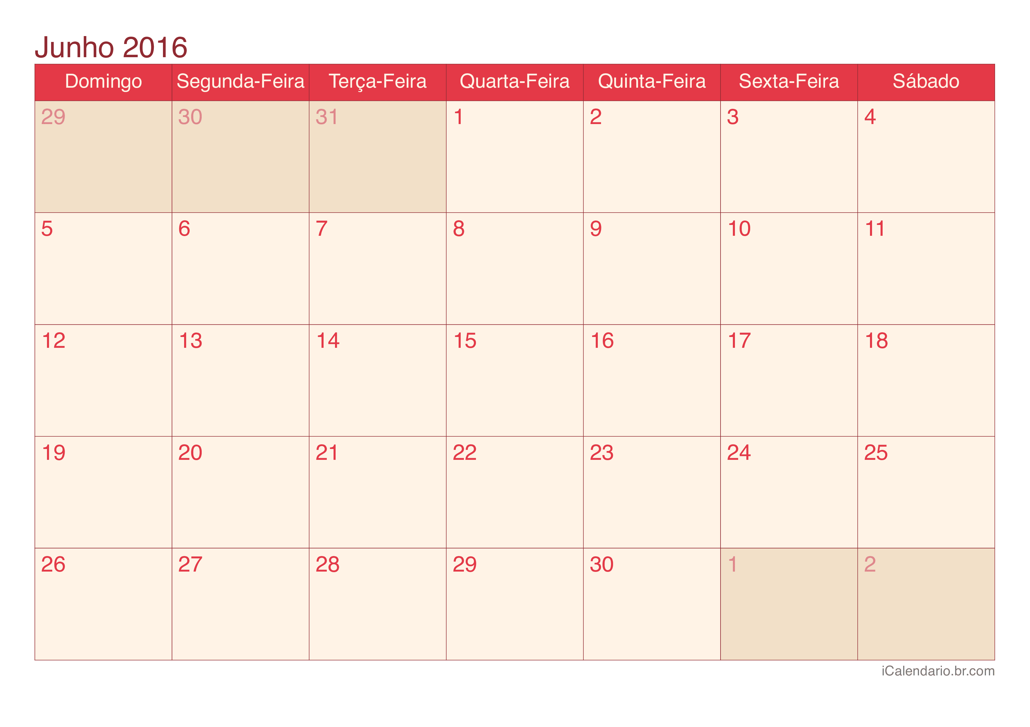 Calendário de junho 2016 - Cherry