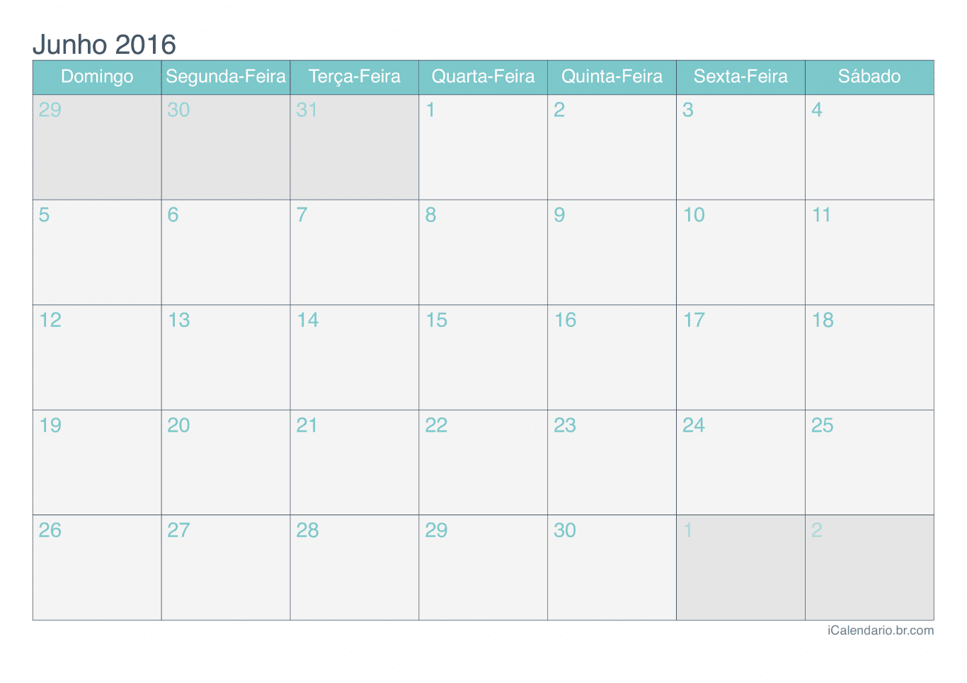 Calendário de junho 2016 - Turquesa