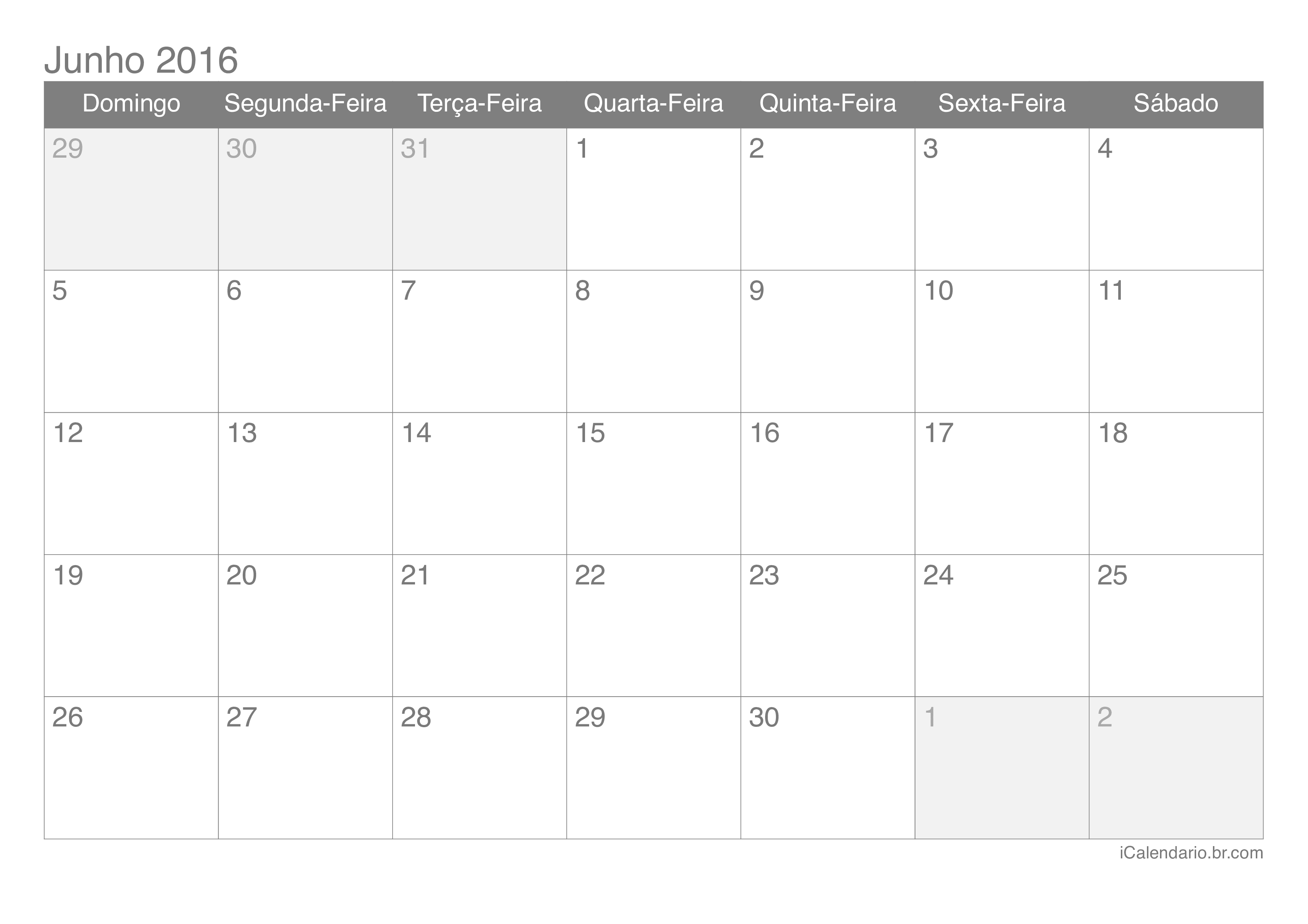 Calendário de junho 2016