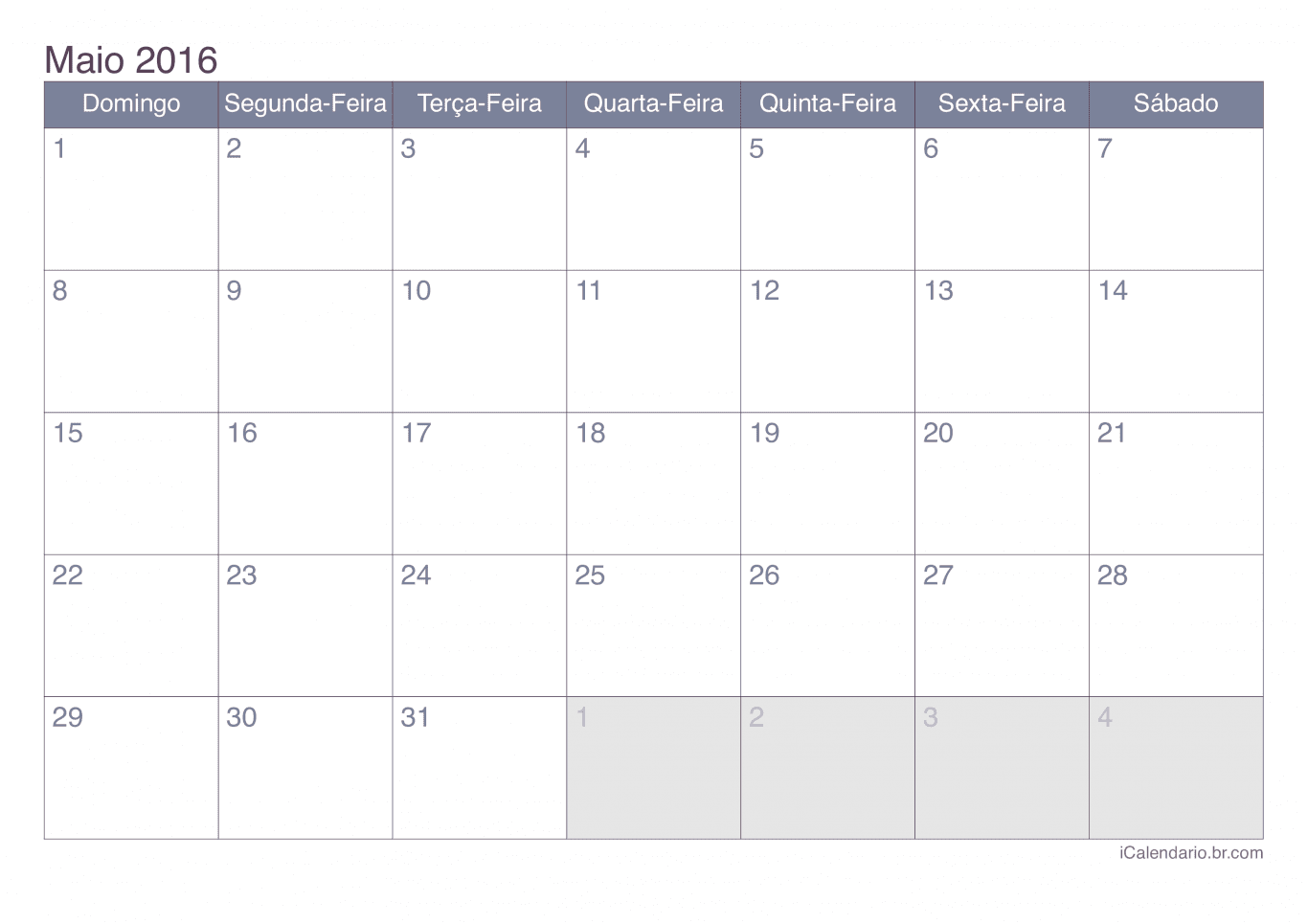 Calendário de maio 2016 - Office