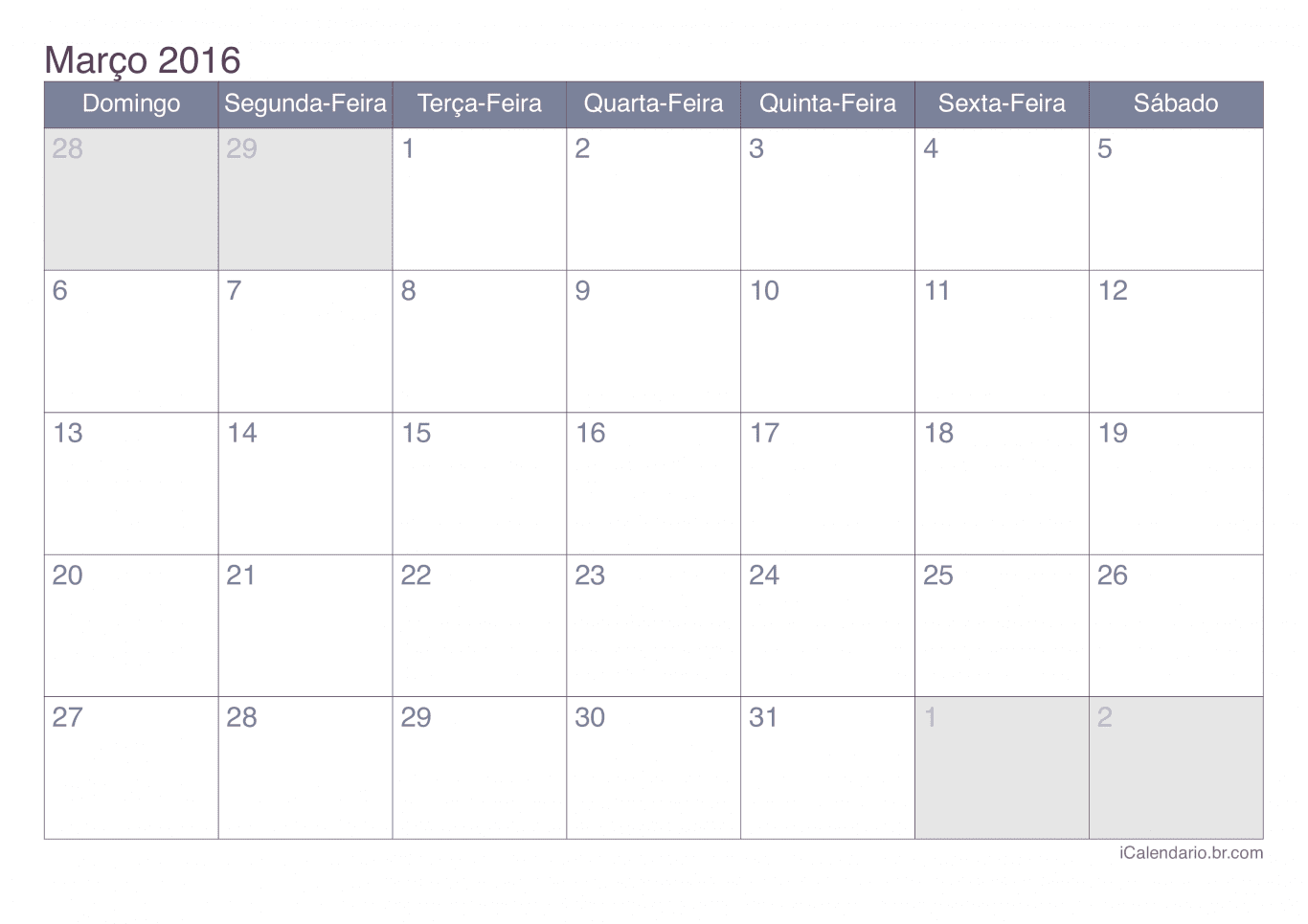 Calendário de março 2016 - Office