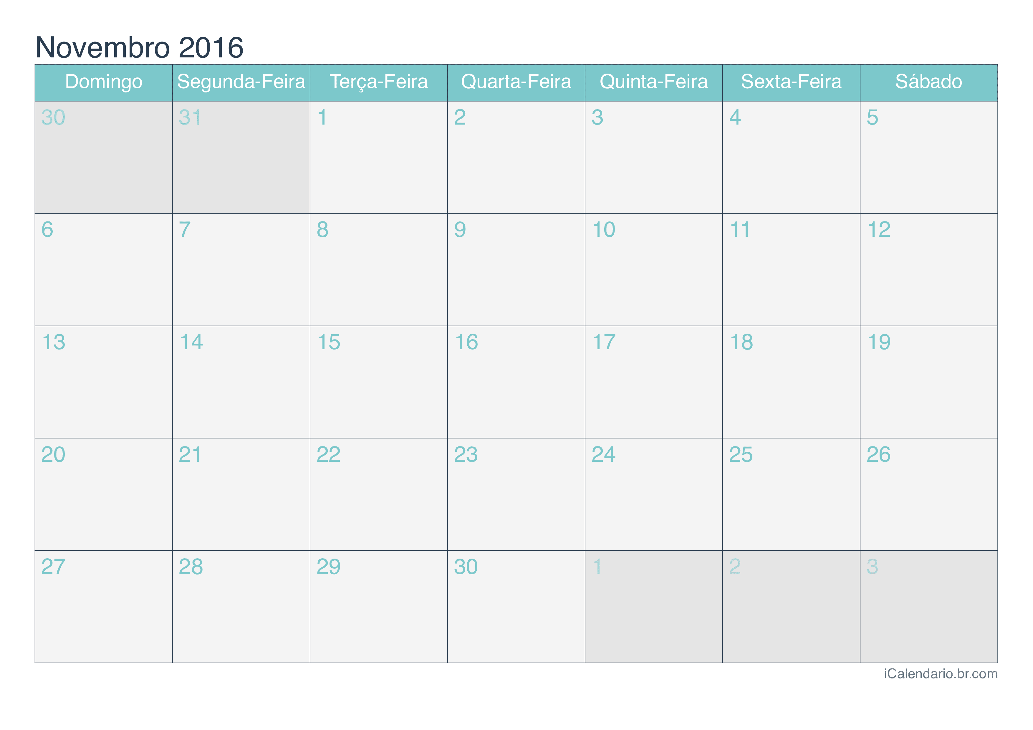 Calendário de novembro 2016 - Turquesa