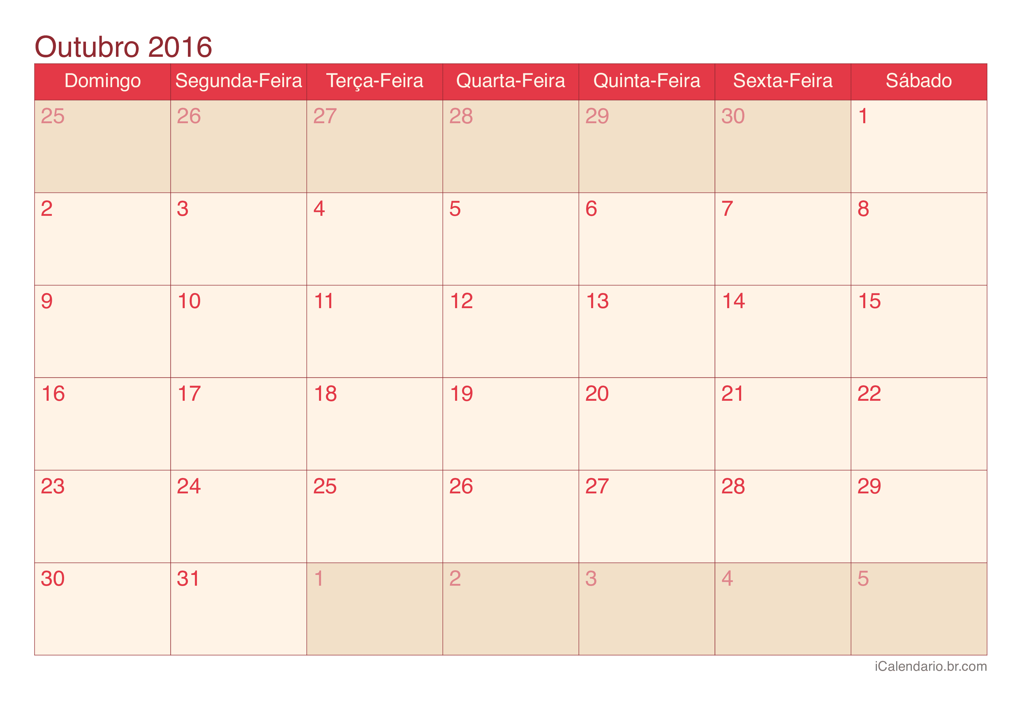 Calendário de outubro 2016 - Cherry
