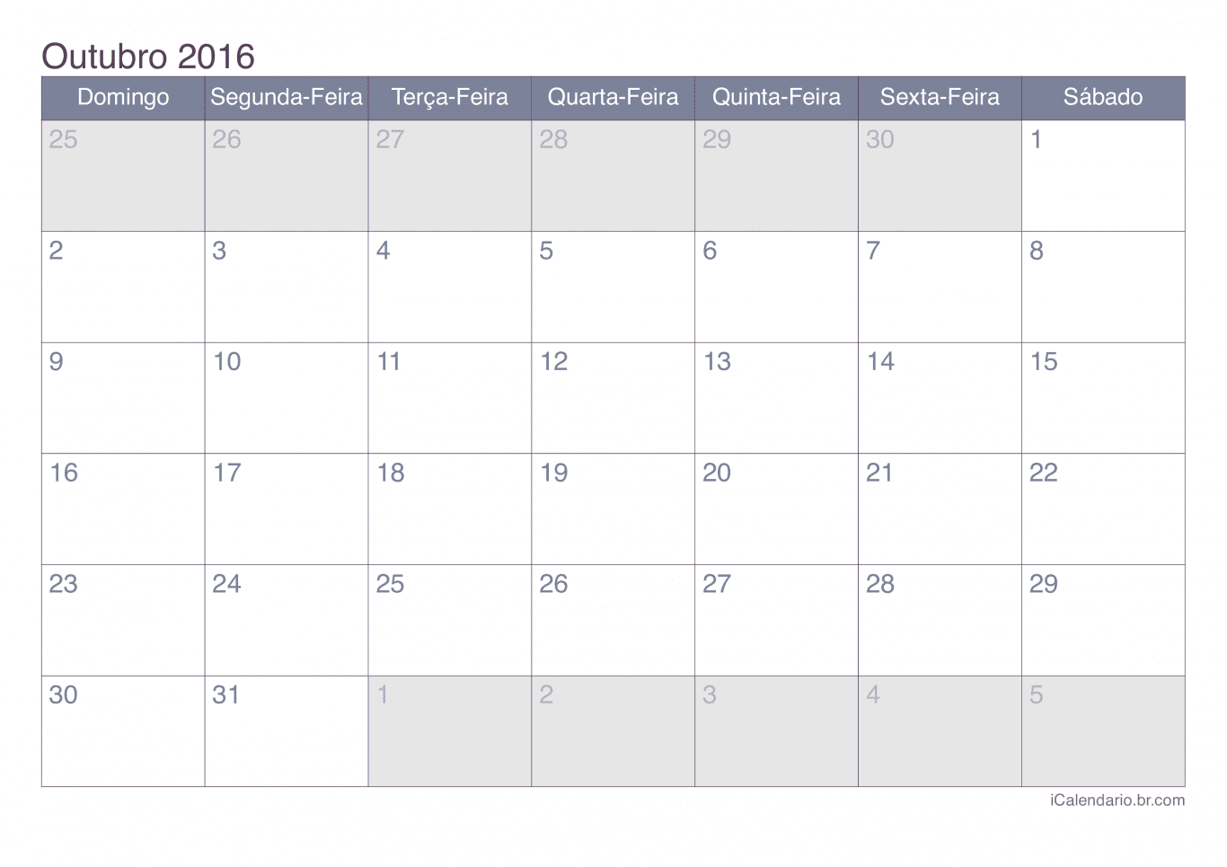 Calendário de outubro 2016 - Office