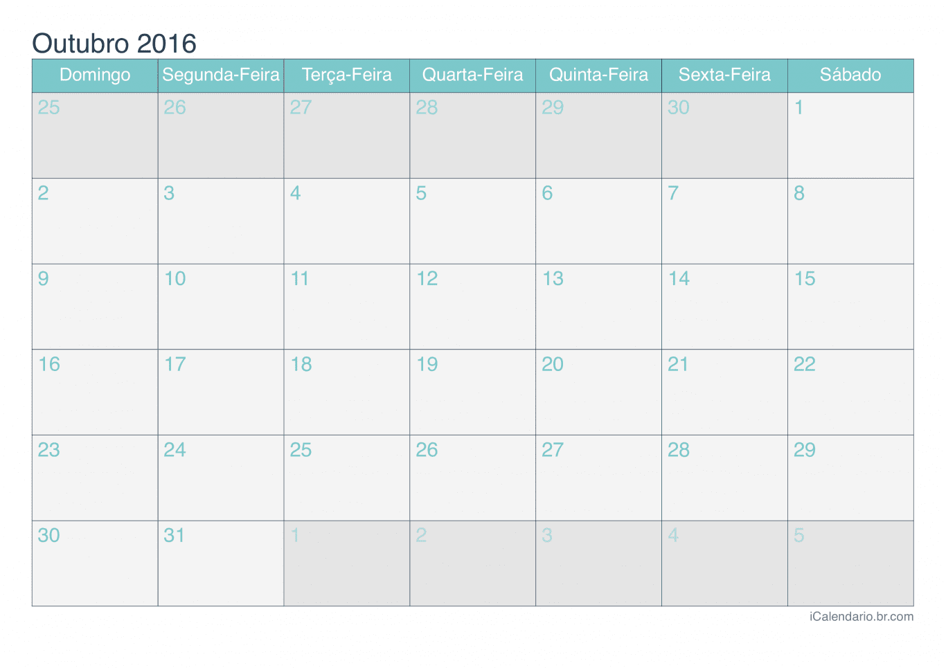 Calendário de outubro 2016 - Turquesa
