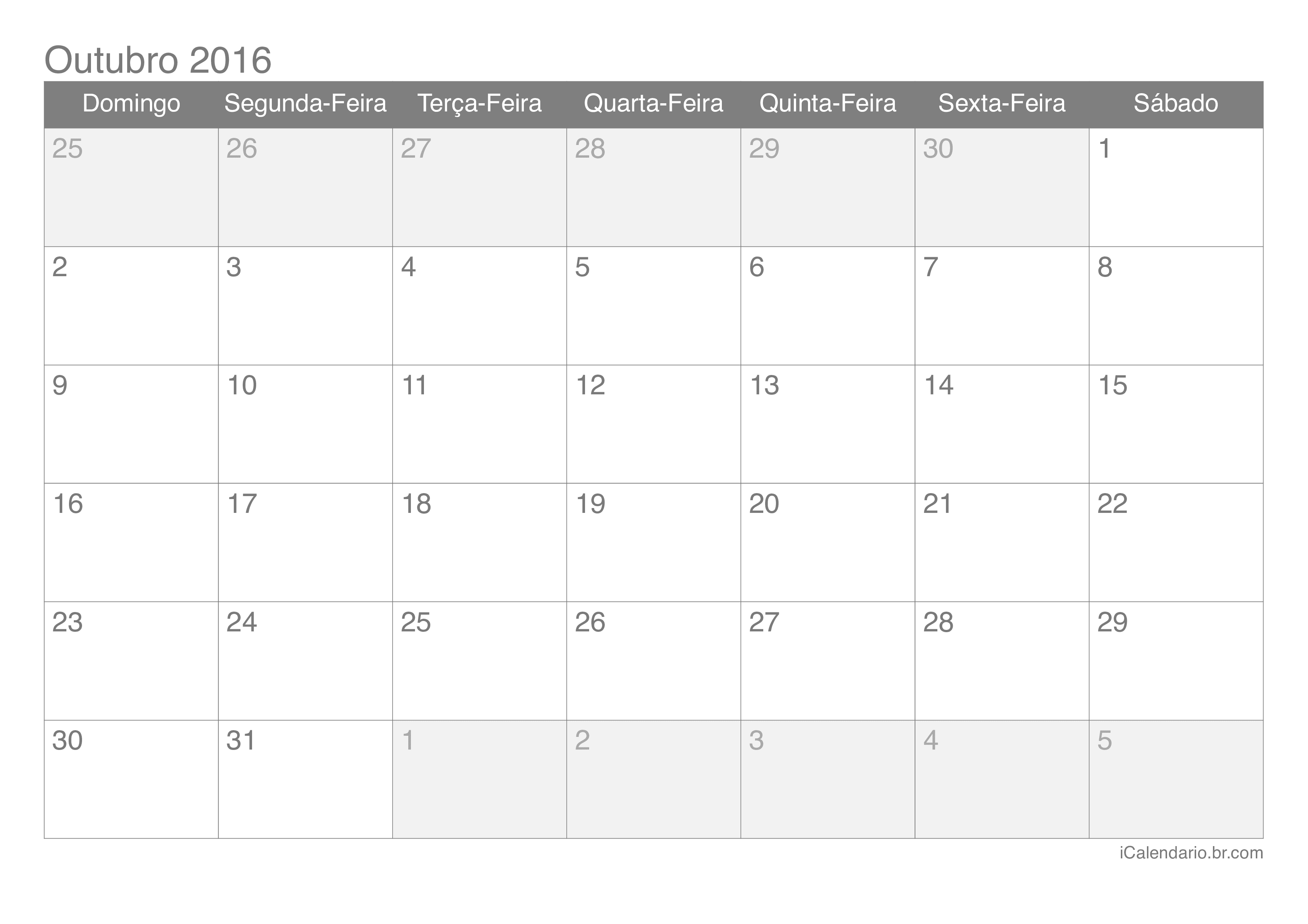 Calendário de outubro 2016