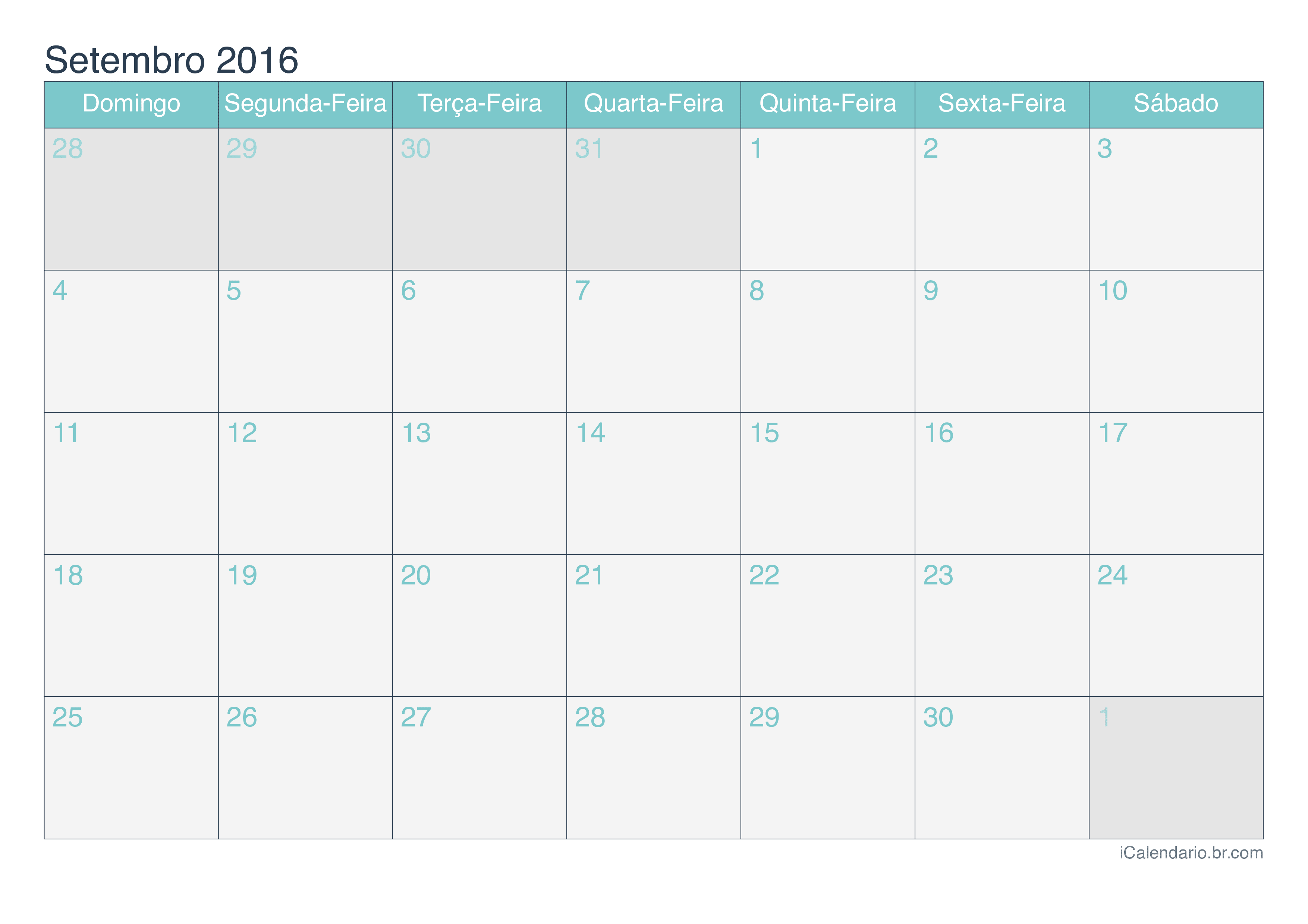 Calendário de setembro 2016 - Turquesa