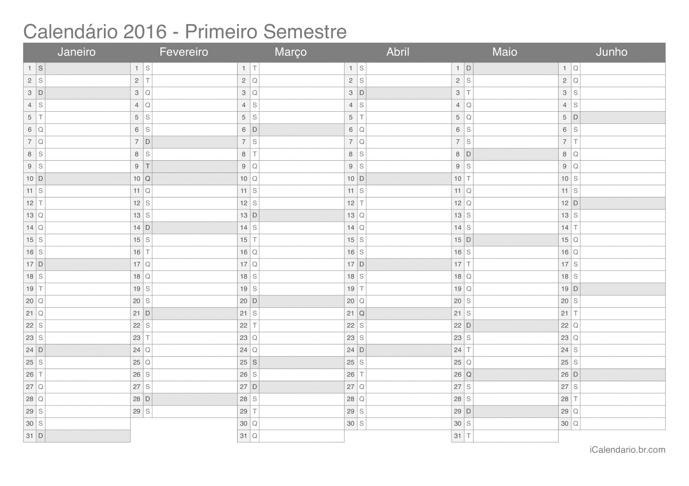 Calendário por semestre 2016