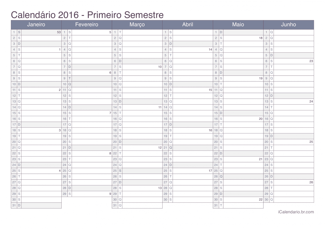 Calendário por semestre com números da semana 2016 - Office