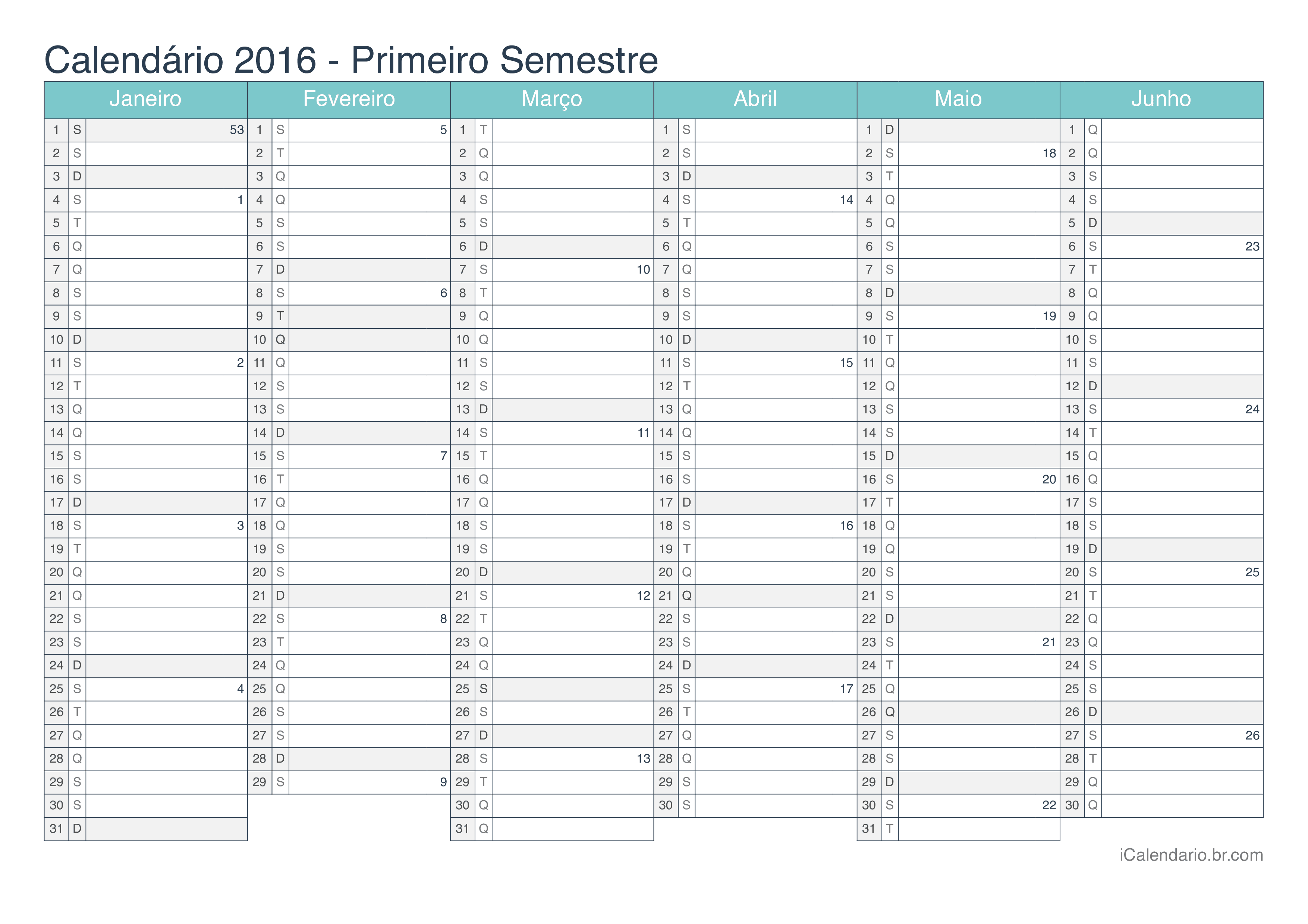 Calendário por semestre com números da semana 2016 - Turquesa