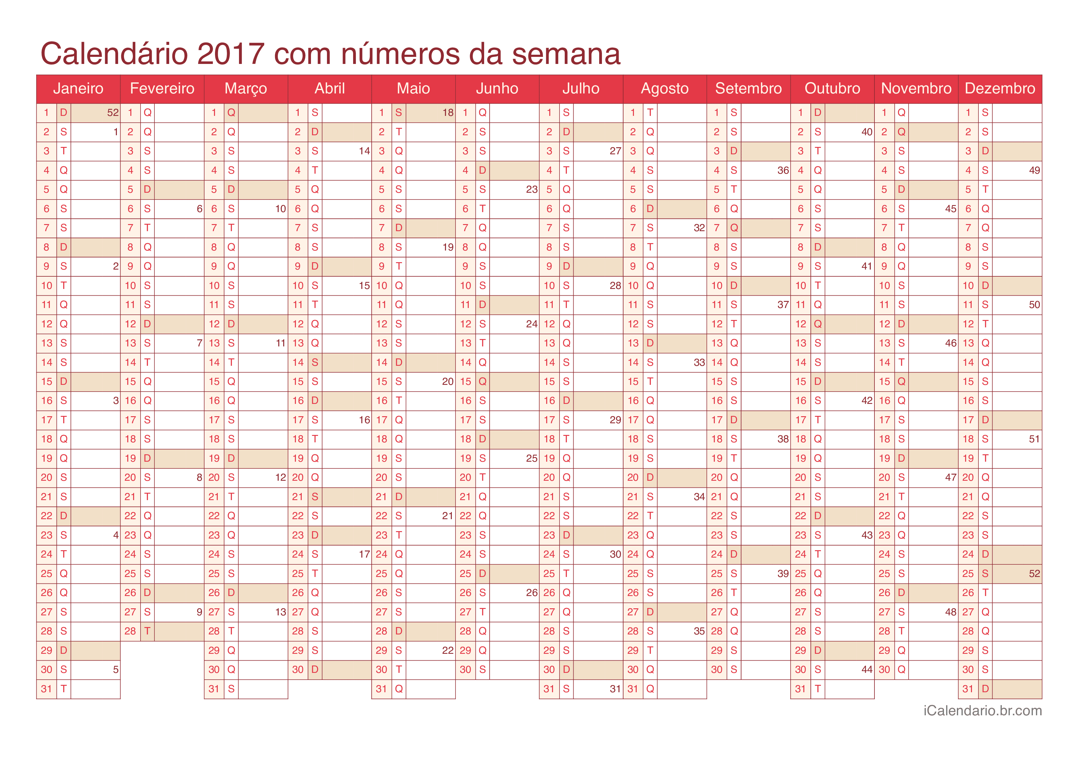 Calendário 2017 com números da semana - Cherry