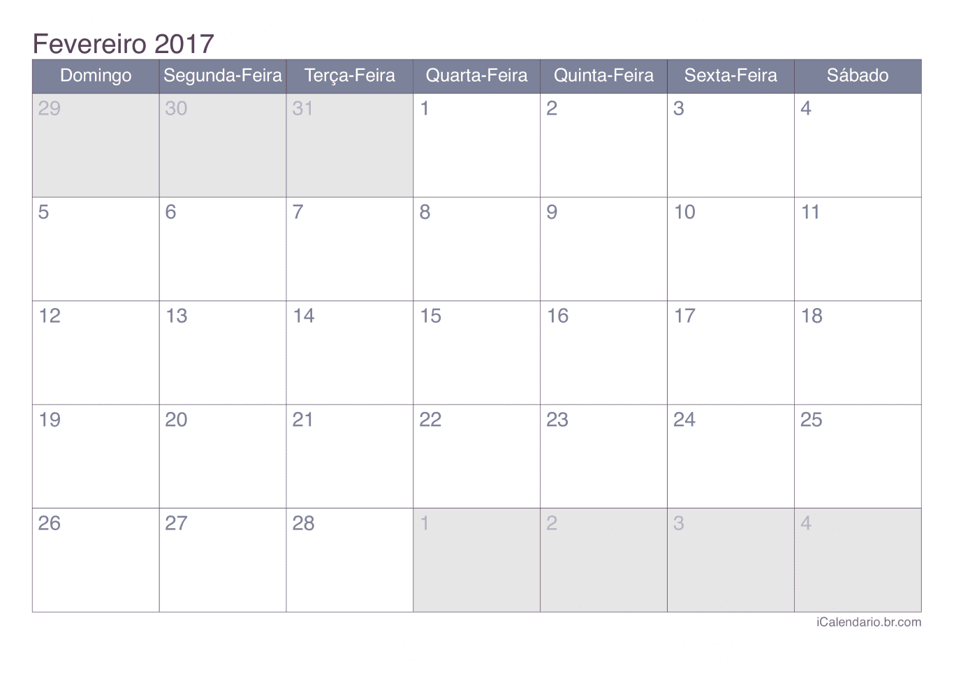 Calendário de fevereiro 2017 - Office