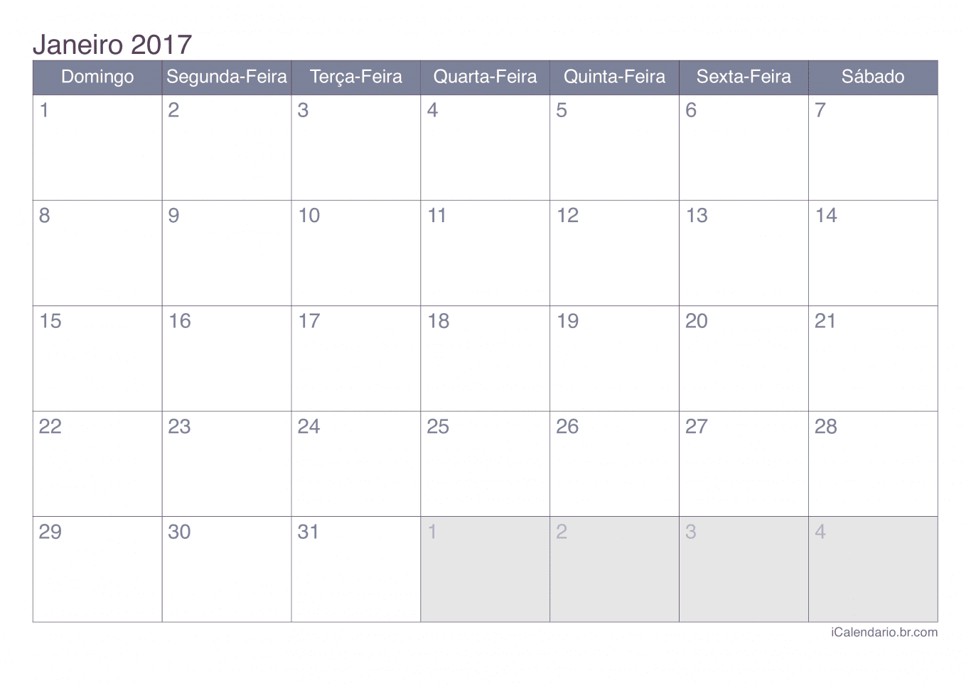 Calendário de janeiro 2017 - Office