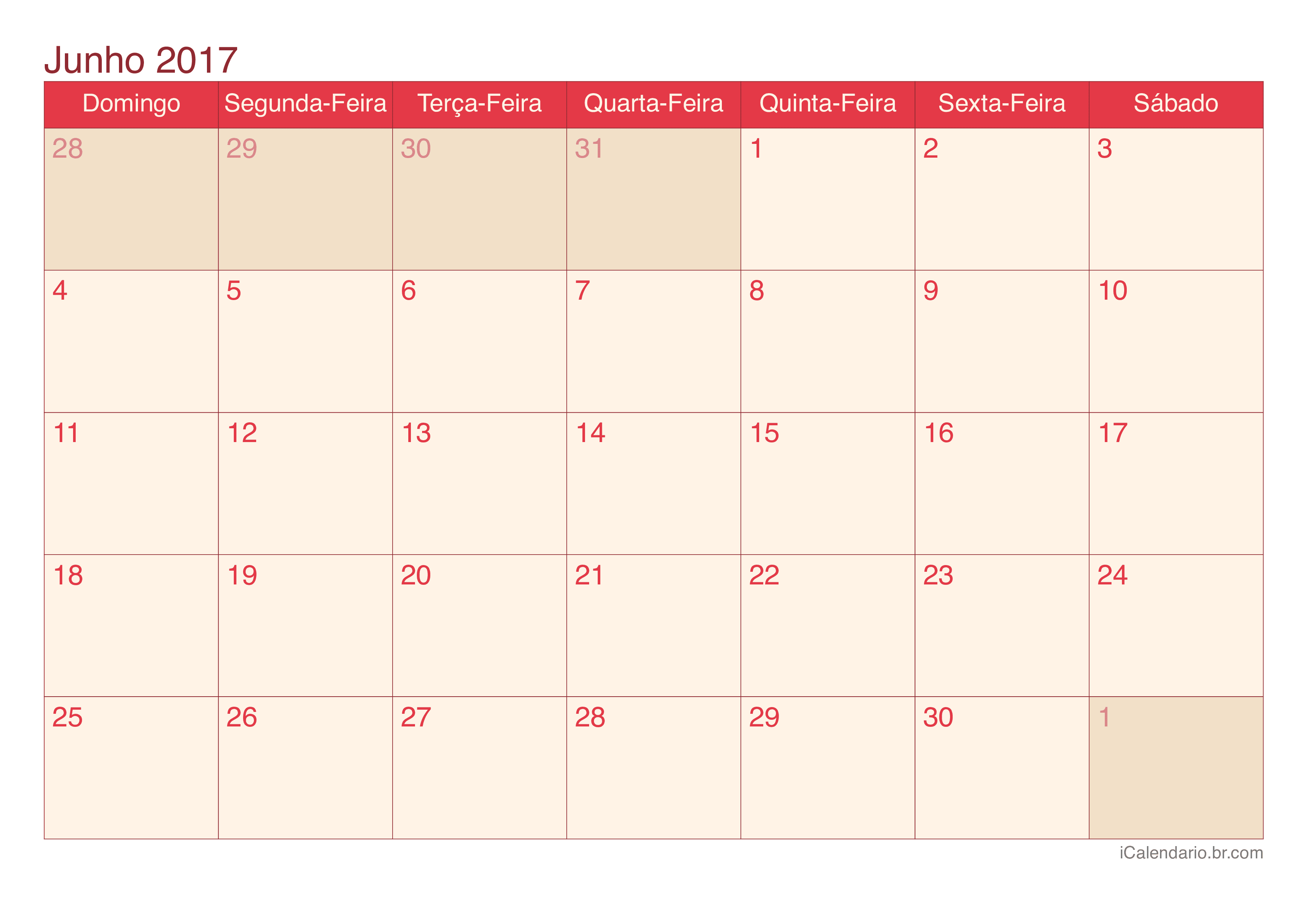 Calendário de junho 2017 - Cherry