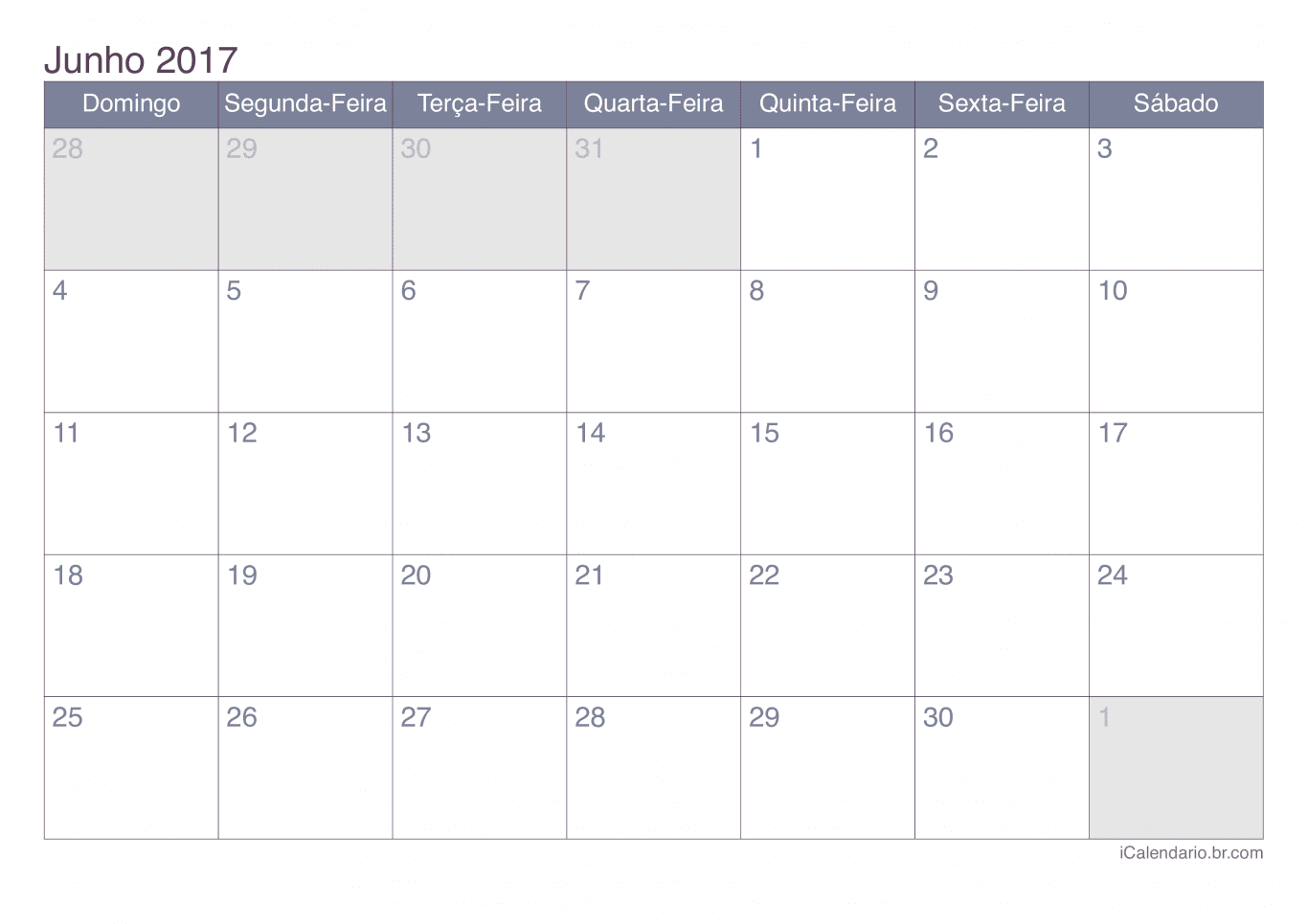 Calendário de junho 2017 - Office