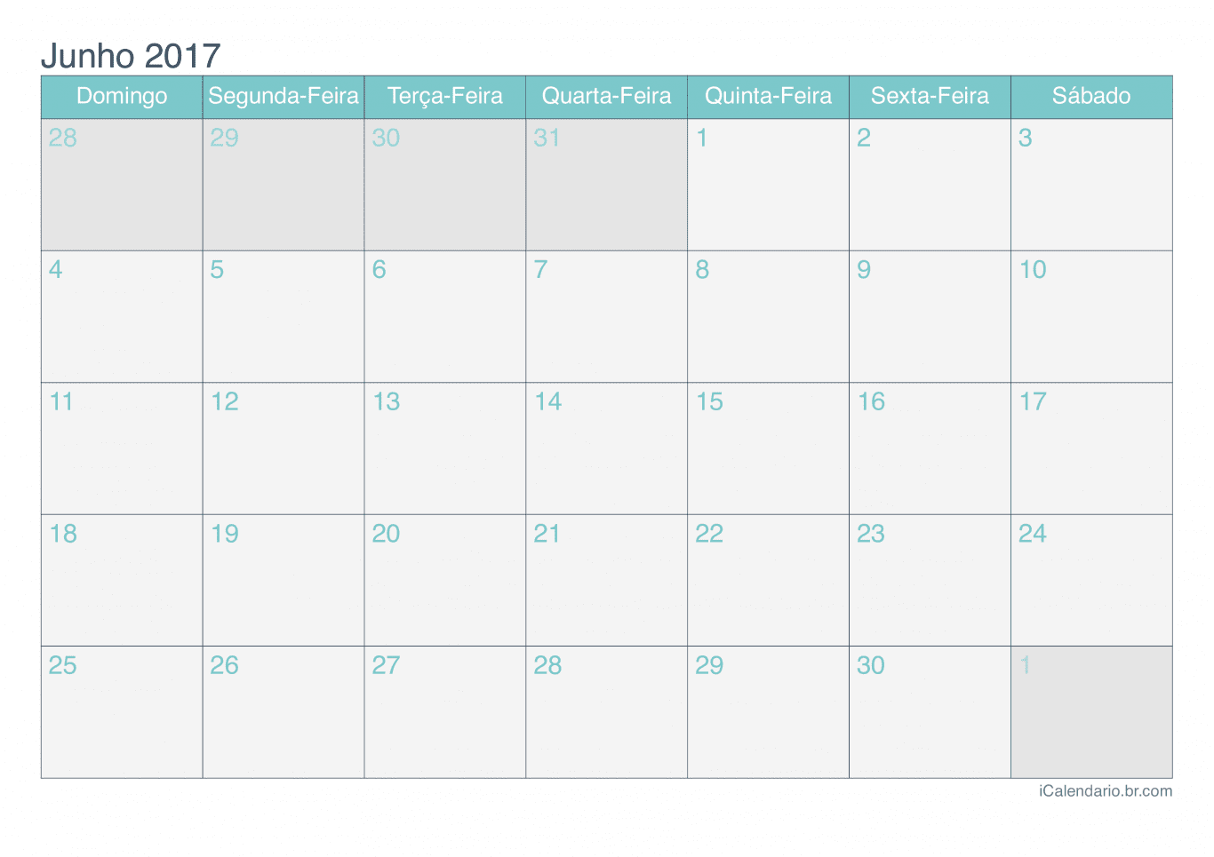 Calendário de junho 2017 - Turquesa