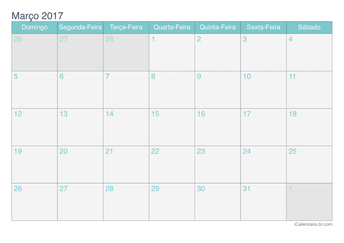 Calendário de março 2017 - Turquesa