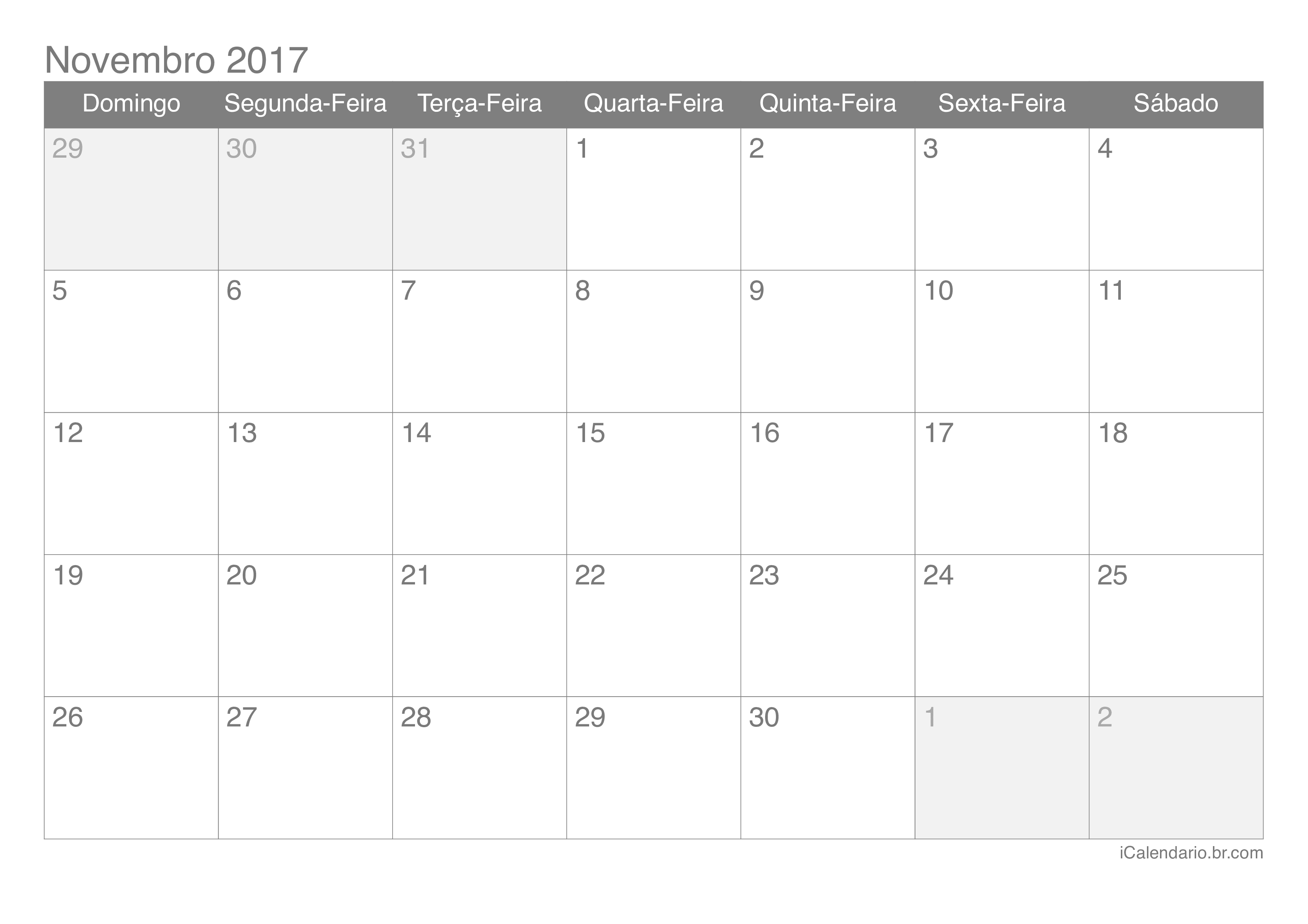 Calendário de novembro 2017